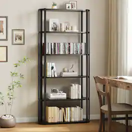 Babevy - 71" Tall 6-Tier Industrial Bookshelf, Metal Frame Freestanding Open Bookcase with Wooden Book Shelves - Black
