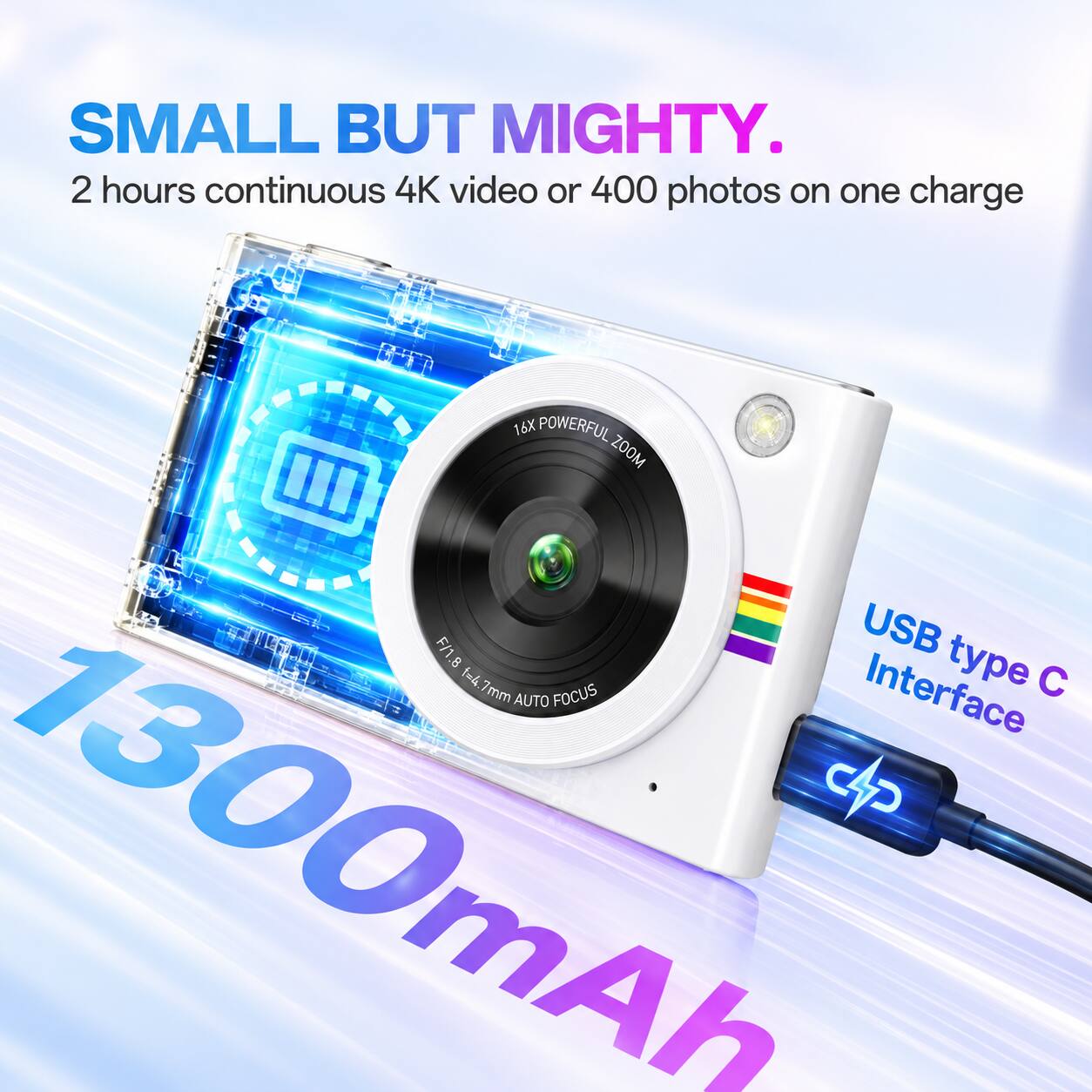 SMALL BUT MIGHTY.  
2 hours continuous 4K video or 400 photos on one charge  
16X POWERFUL ZOOM  
F/1.8 4.7mm AUTO FOCUS  
USB type C Interface  
1300mAh