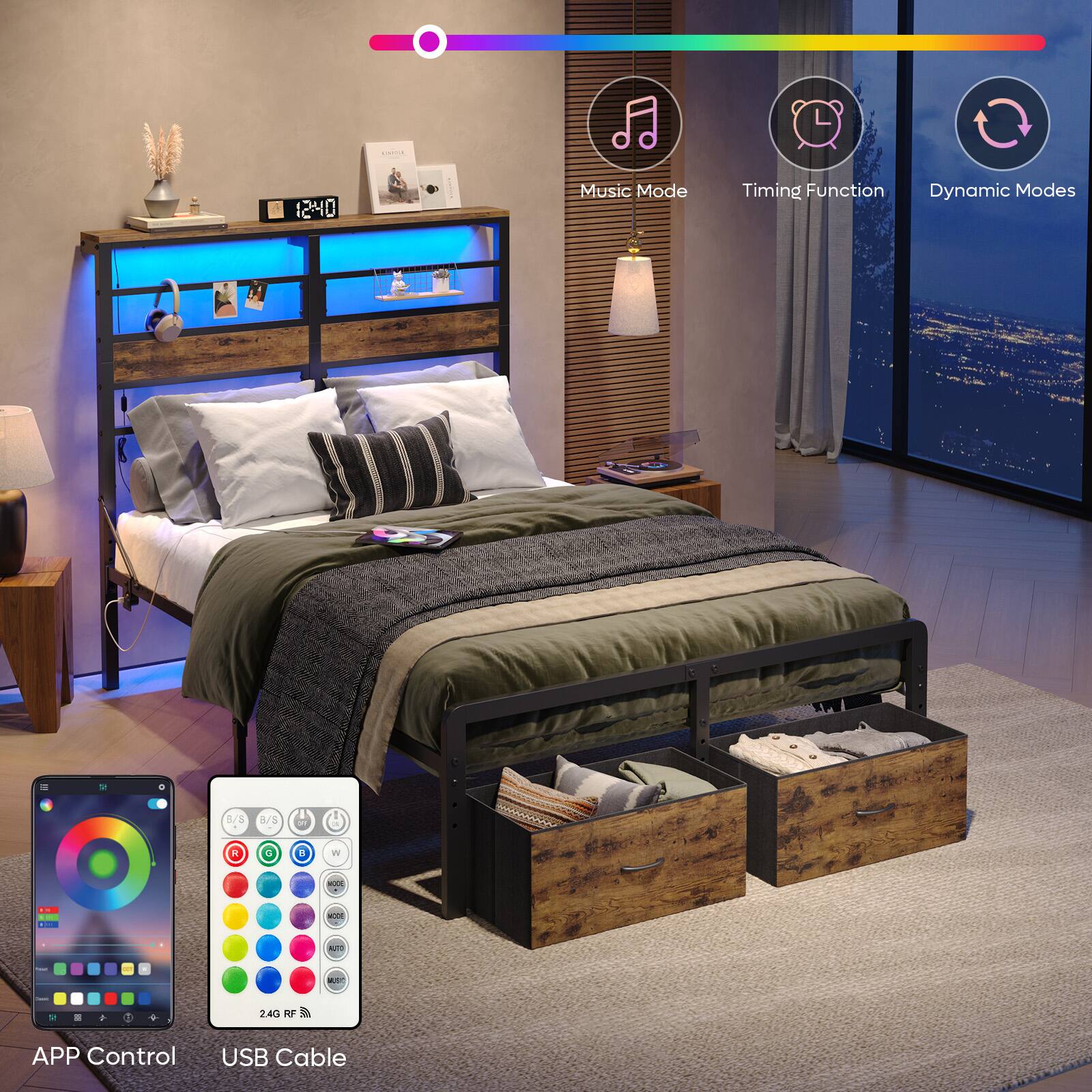 12:40 Music Mode Timing Function Dynamic Modes - /3 4/8 - M B W .. . .. . ... - - -  - + 24G AF APP Control USB Cable