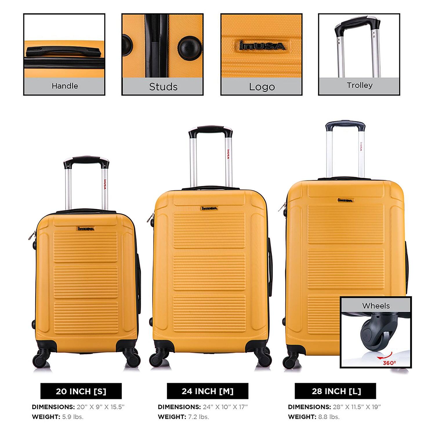 ImUSA Handle Studs Logo Trolley Wheels 360

20 INCH [S]
DIMENSIONS: 20" x 9" x 15.5"
WEIGHT: 5.9 lbs.

24 INCH [M]
DIMENSIONS: 24" x 10" x 17"
WEIGHT: 7.2 lbs.

28 INCH [L]
DIMENSIONS: 28" x 11.5" x 19"
WEIGHT: 8.8 lbs.