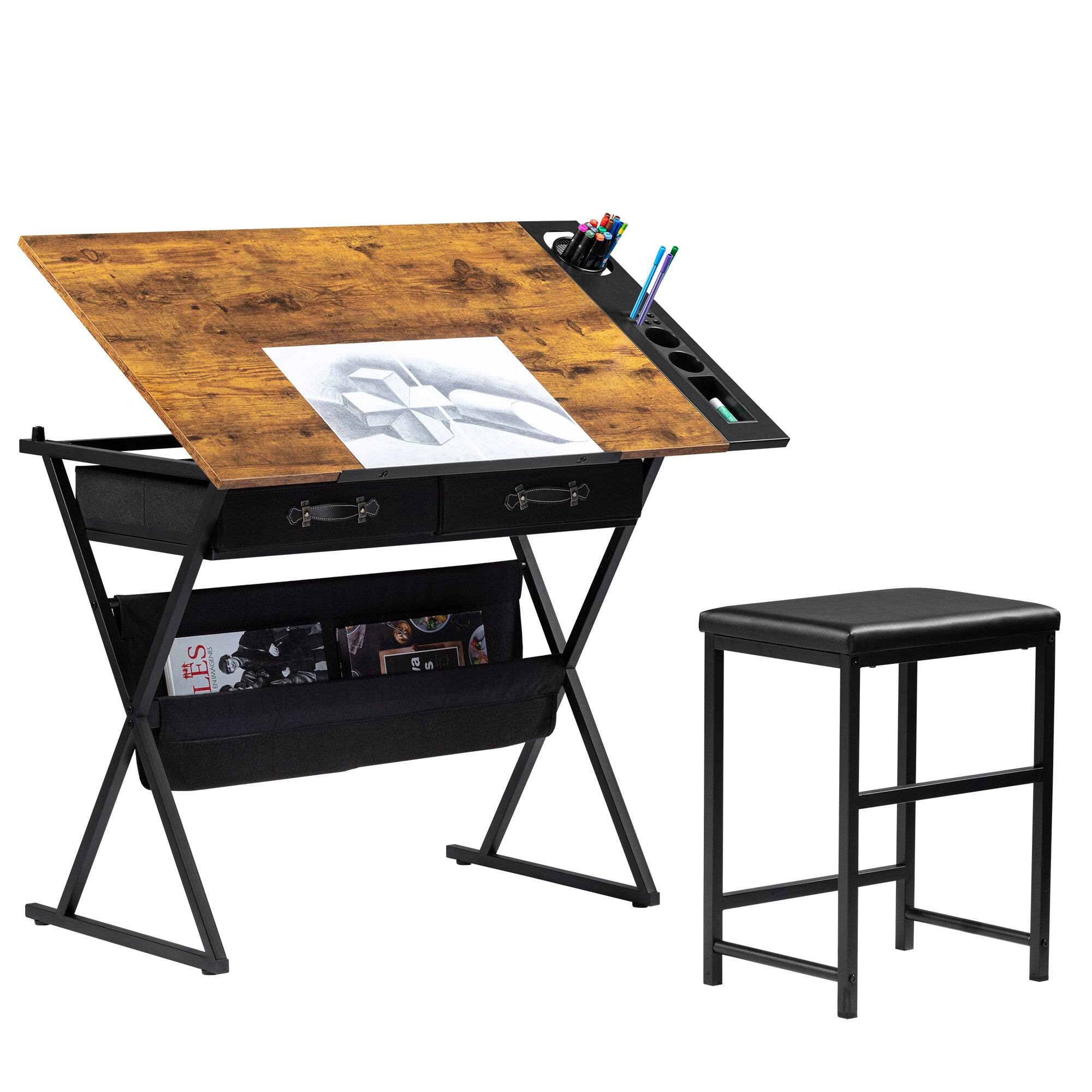 Vecelo - Adjustable Drafting Table with Stool 0-65°Tilt Angle, Metal Frame&Storage Drawers, Compact Art Desk for Artist - Brown