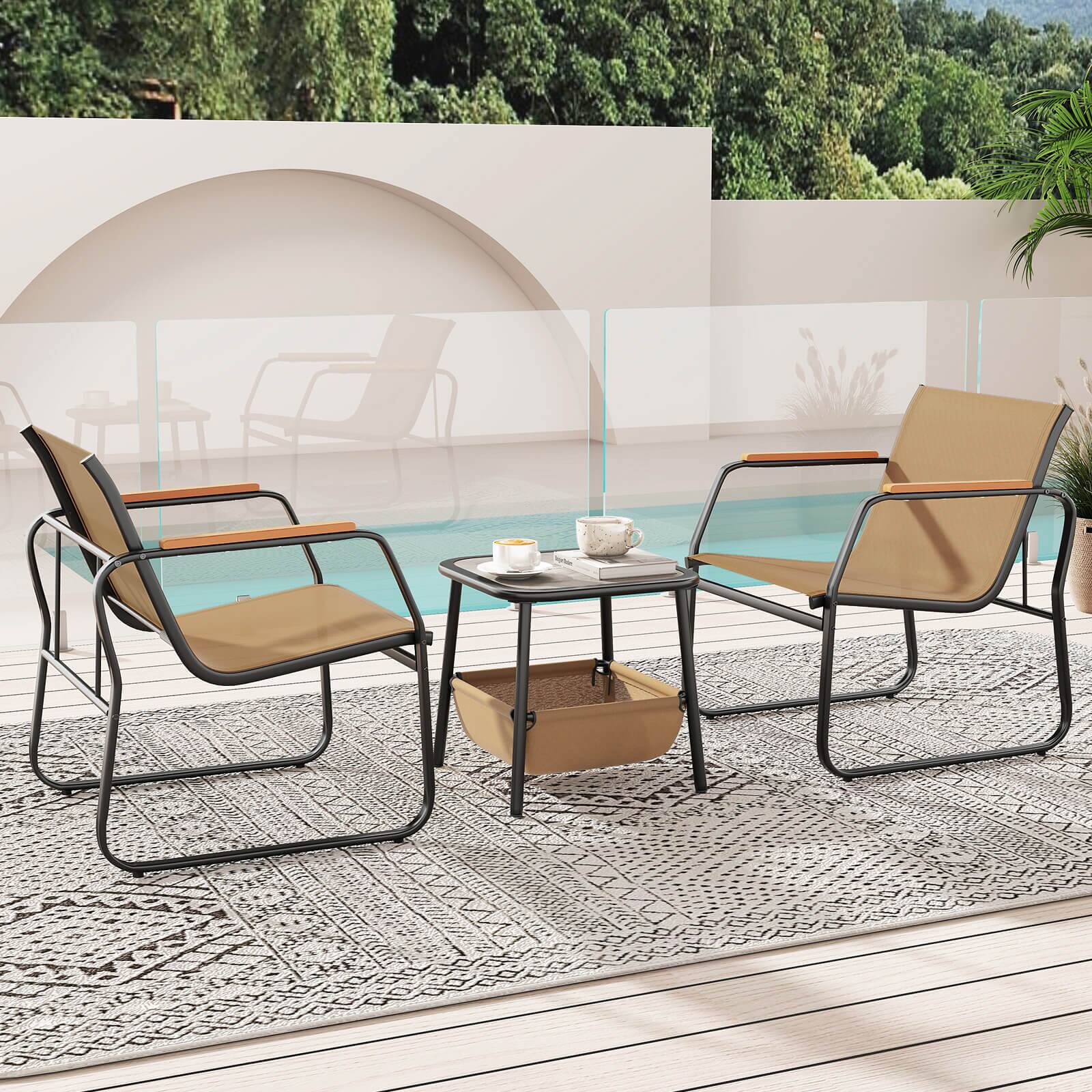 Alt View 8. Costway - Costway 3 PCS Patio Furniture Set with Breathable Mesh Fabric and Metal Frame Garden - Brown.
