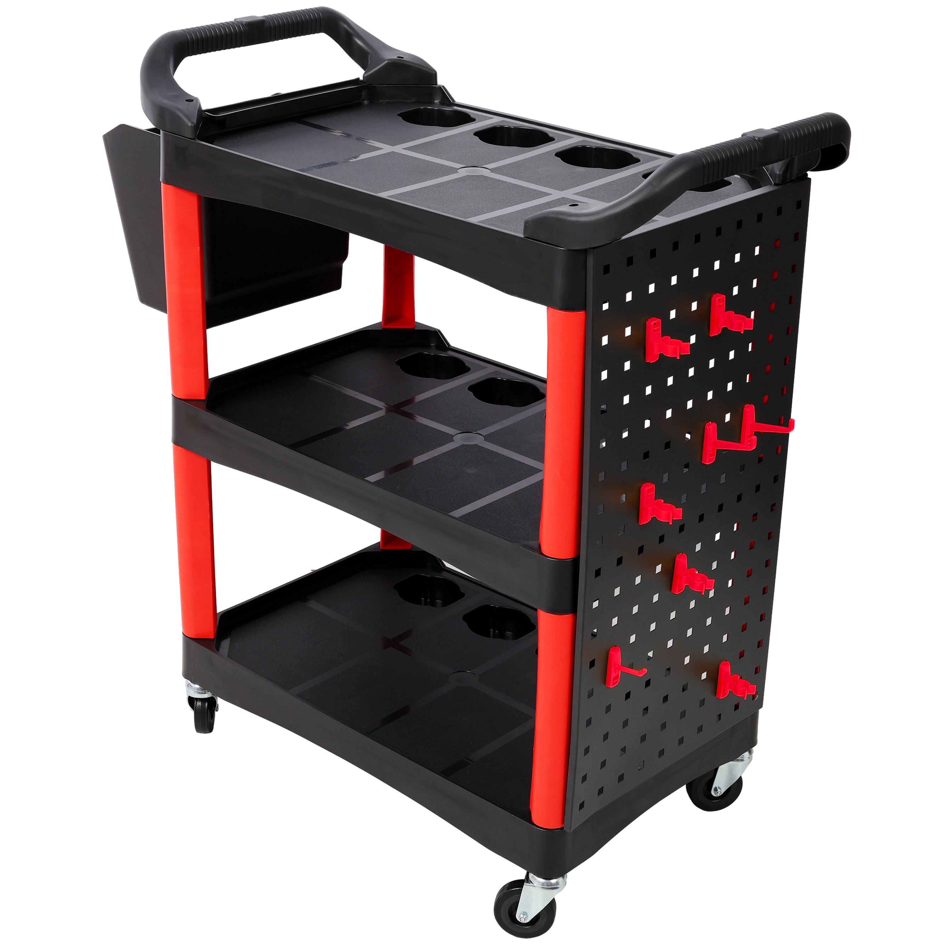 Left. ELEMENT ACE - 3-Tier Rolling Auto Detailing Cart with Wheels, Bucket, Panel & Hooks - Garage, Workshop, Repair Shop Tool Storage - Black+Red.