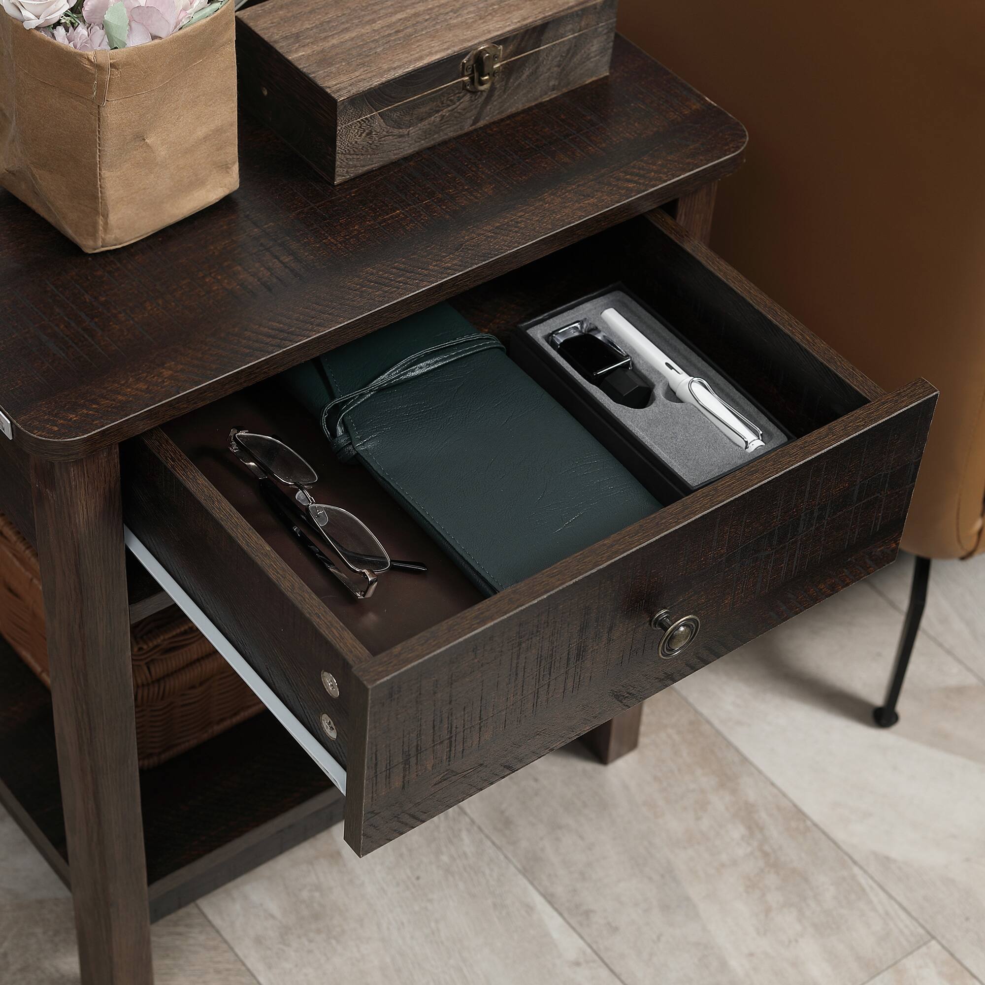 Alt View 7. Homcom - End Table with Drawer, Side Table with Top and Bottom Shelf for Small Spaces - Bronze.