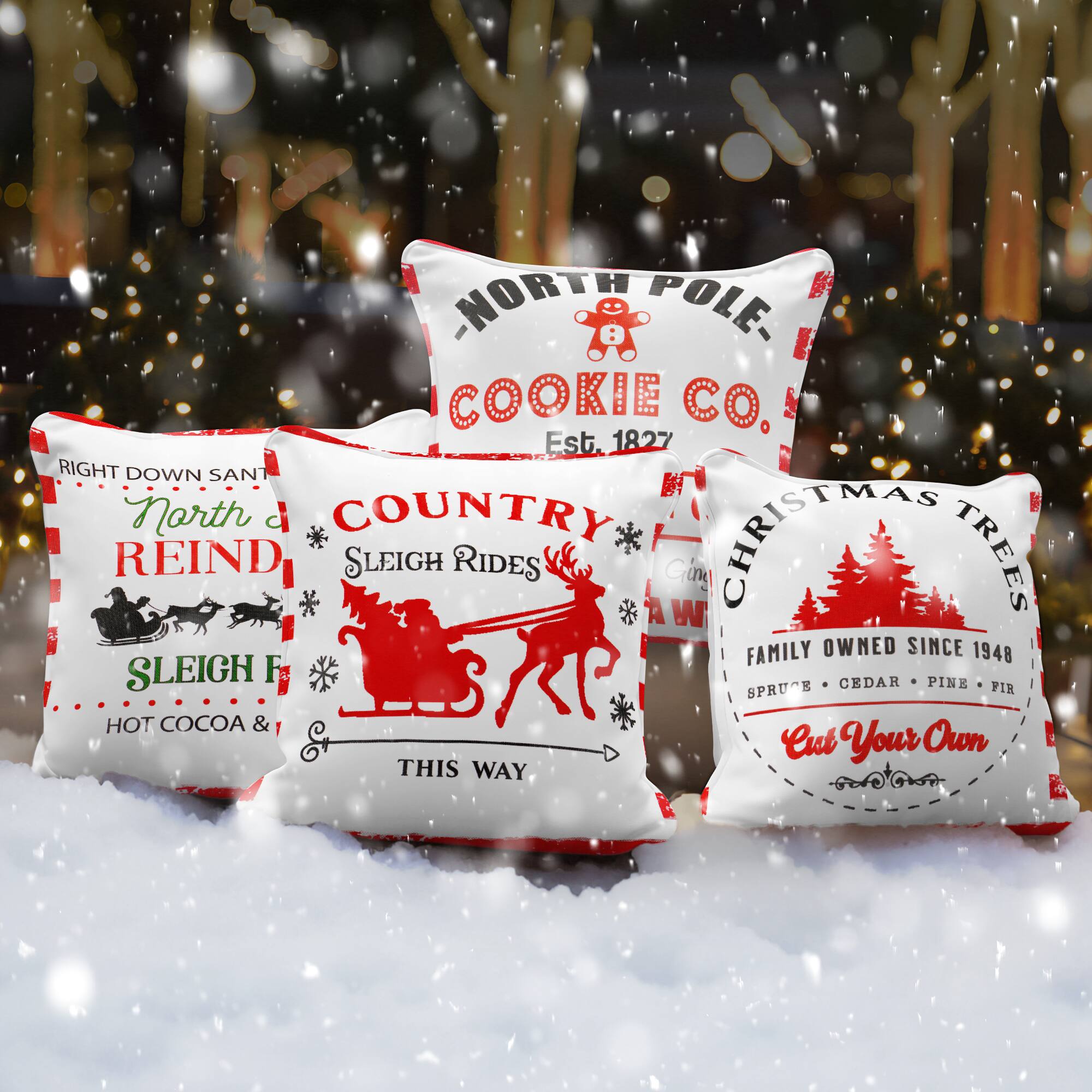 NORTH POLE COOKIE CO.  
Est. 1827  

RIGHT DOWN SANTA  
North Country CHRISTMAS REINDEER SLEIGH RIDES  
A Cin W TREES  
FAMILY OWNED SINCE 1948  
HOT COCOA & Cut Your Own  
THIS WAY  

CHRISTMAS TREES  
FAMILY OWNED SINCE 1948  
SPRUCE • CEDAR • PINE • FIR  
Cut Your Own