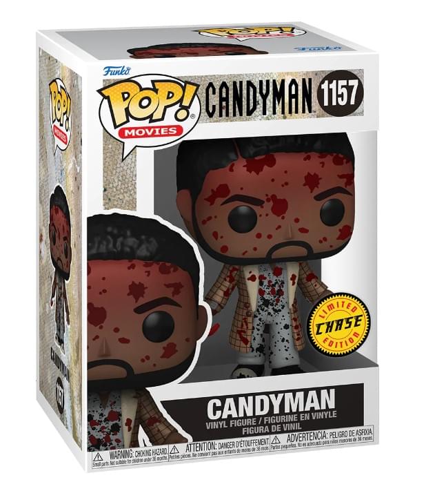Sure, here is the corrected and grouped text from the image:

---

**Top Left:**
- Funko
- POP! MOVIES

**Top Center:**
- CANDYMAN 1157

**Top Right:**
- LIMITED CHASE EDITION

**Center:**
- CANDYMAN
- VINYL FIGURE / FIGURINE EN VINYLE / FIGURA DE VINIL

**Bottom Center:**
- WARNING: CHOKING HAZARD - Small parts. Not for children under 3 years.
- ATTENTION: DANGER d'ETOUFFEMENT - Petits pièces. Ne convient pas aux enfants de moins de 3 ans.
- ADVERTENCIA: PESEGO DE ASFIXIA - Piezas pequeñas. No es para menores de 3 años.

**Bottom Left:**
- Small parts. Not for children under 3 years.
- Petits pièces. Ne convient pas aux enfants de moins de 3 ans.
- Piezas pequeñas. No es para menores de 3 años.

**Bottom Right:**
- LIMITED CHASE EDITION

---