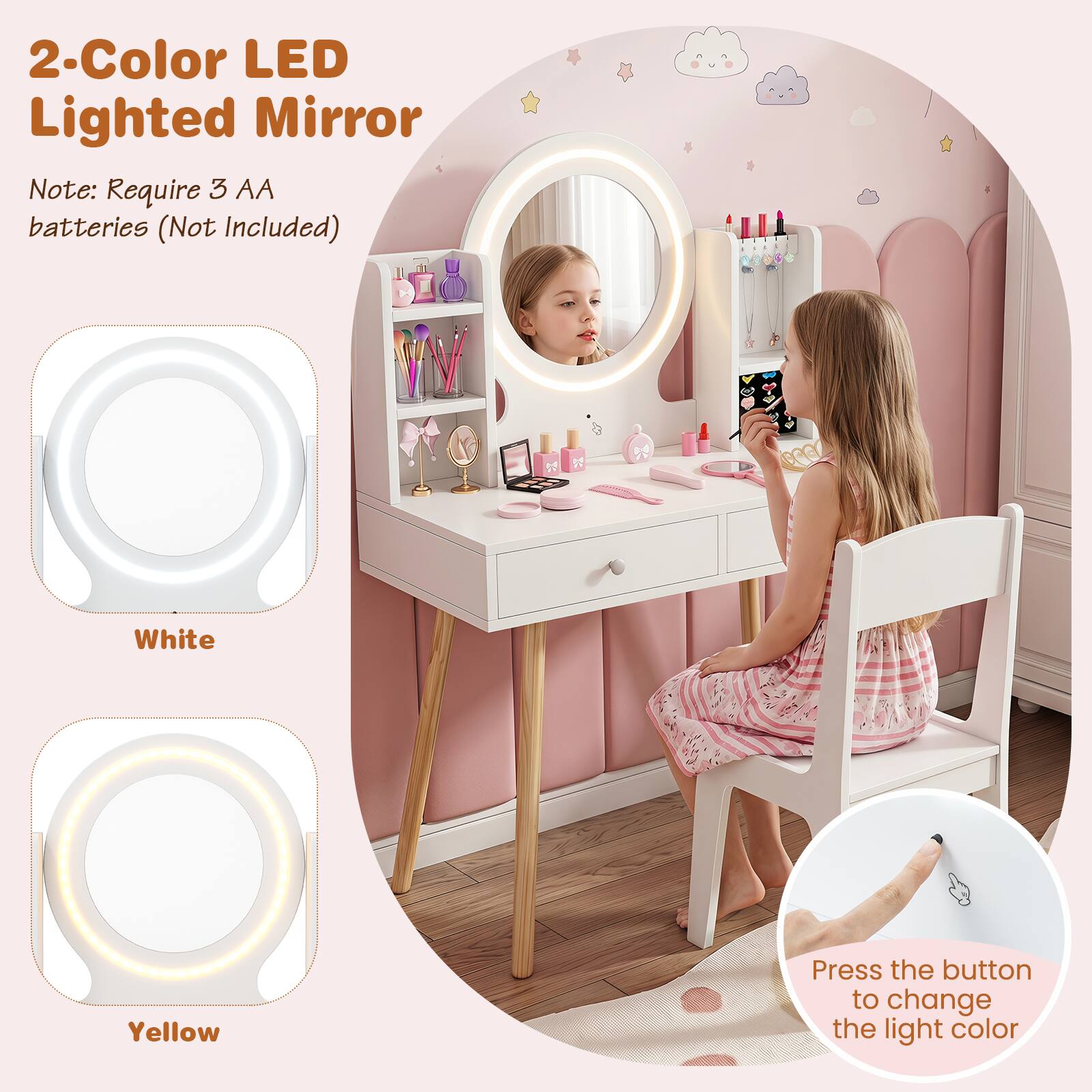 2-Color LED Lighted Mirror

Note: Require 3 AA batteries (Not Included)

White

Yellow

Press the button to change the light color