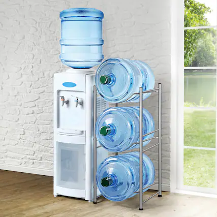 Front. Oumilen - 3-Tier Water Bottle Rack, Heavy Duty Metal 5 Gallon Water Jug Stand with Adjustable Feet, Silver - Silver.