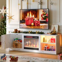 Pinmoco - 63" Electric Fireplace LED TV Stand for up to 70" TVs with Cabinet & Shelves - Marble White