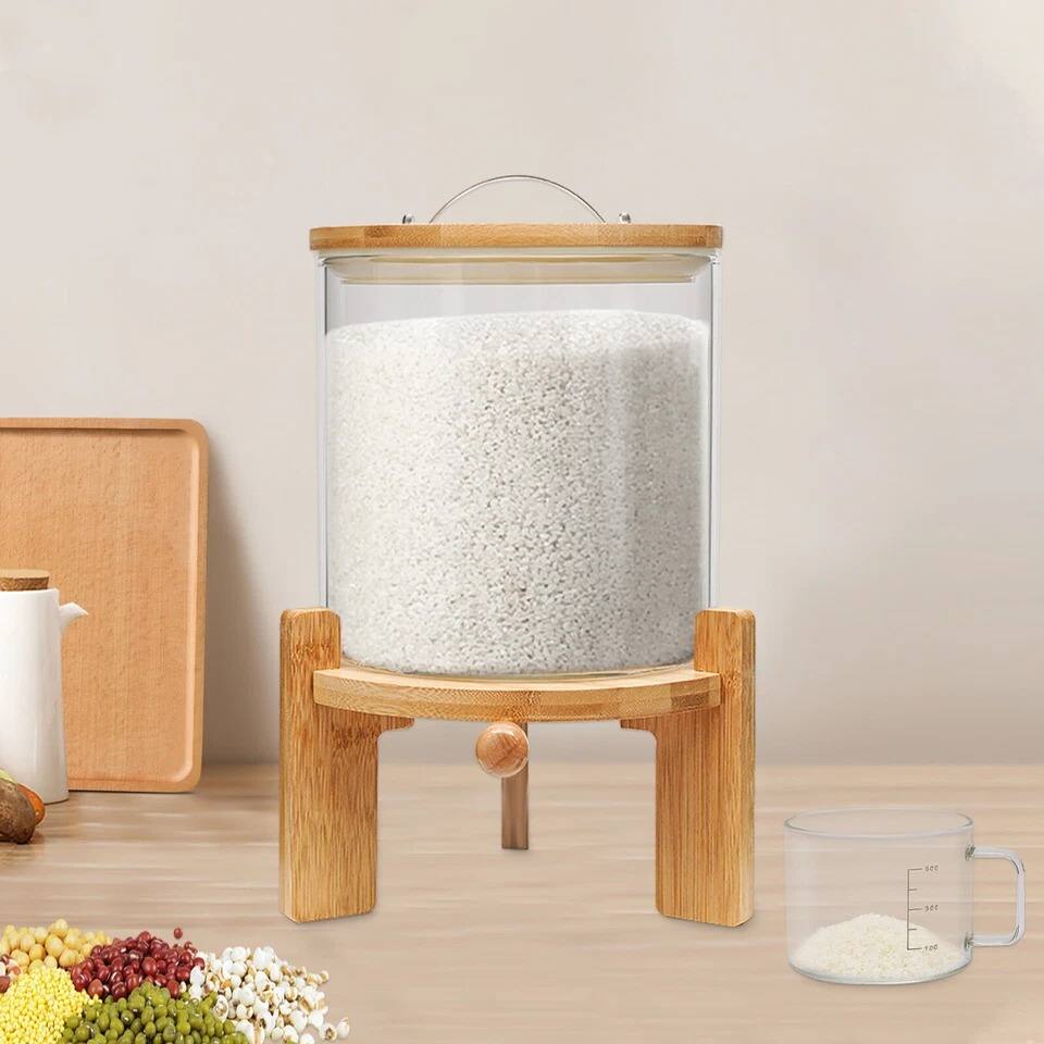 Left. Home Collection - 5L Glass Rice and Grain Dispenser with Bamboo Stand and Valve - Clear (glass), Natural (bamboo).