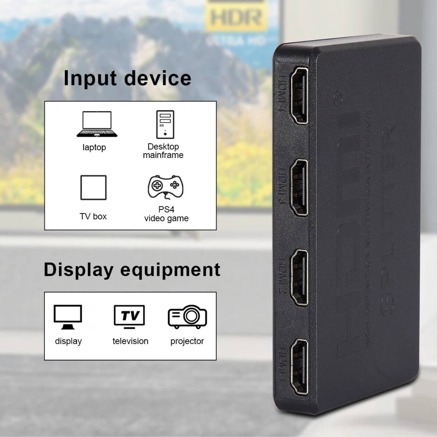 Input device  
- laptop  
- Desktop mainframe  
- TV box  
- PS4 video game  

Display equipment  
- display  
- television  
- projector