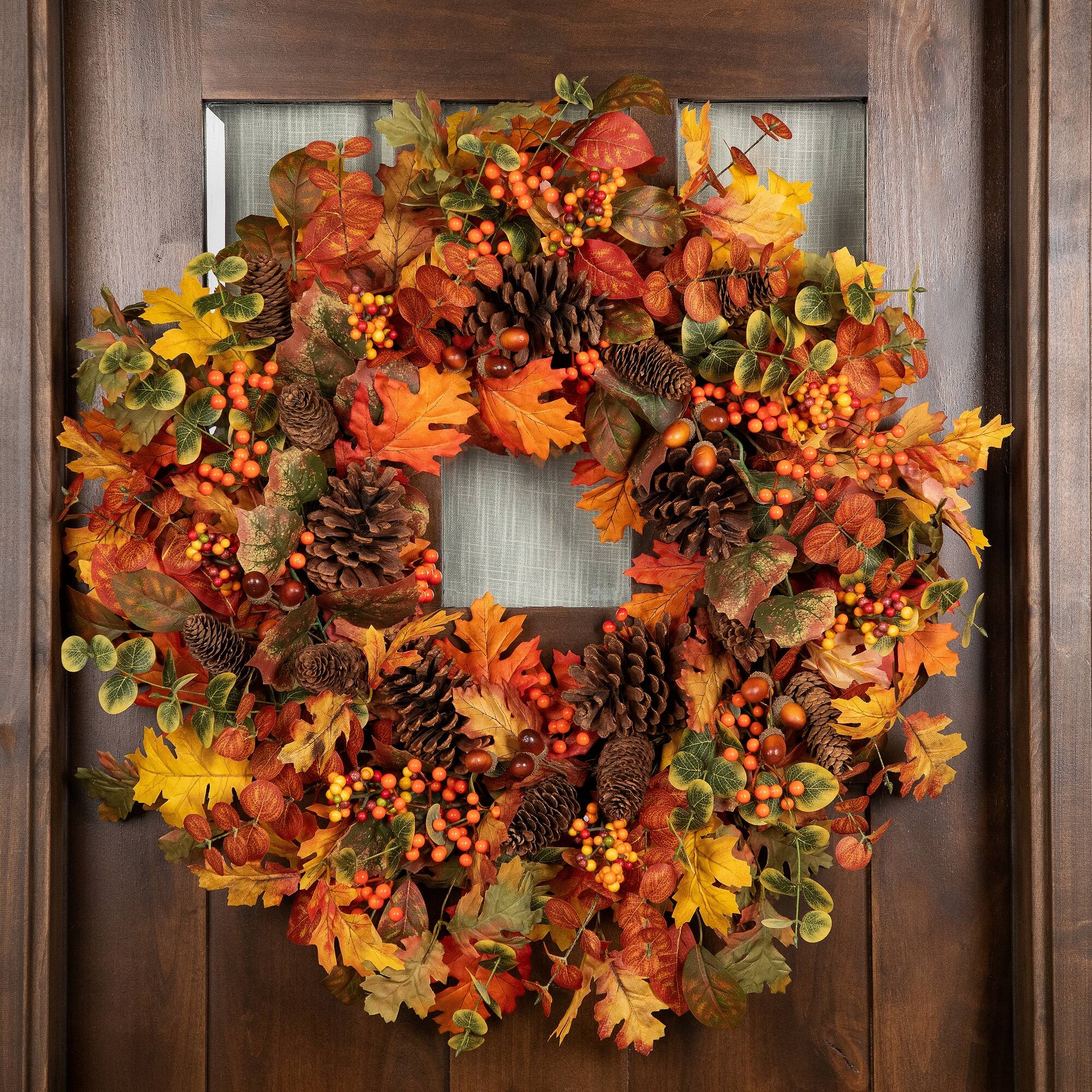 Alt View 2. Northlight - Eucalyptus, Maple Leaves and Acorns Artificial Fall Harvest Wreath - 30" - Orange.