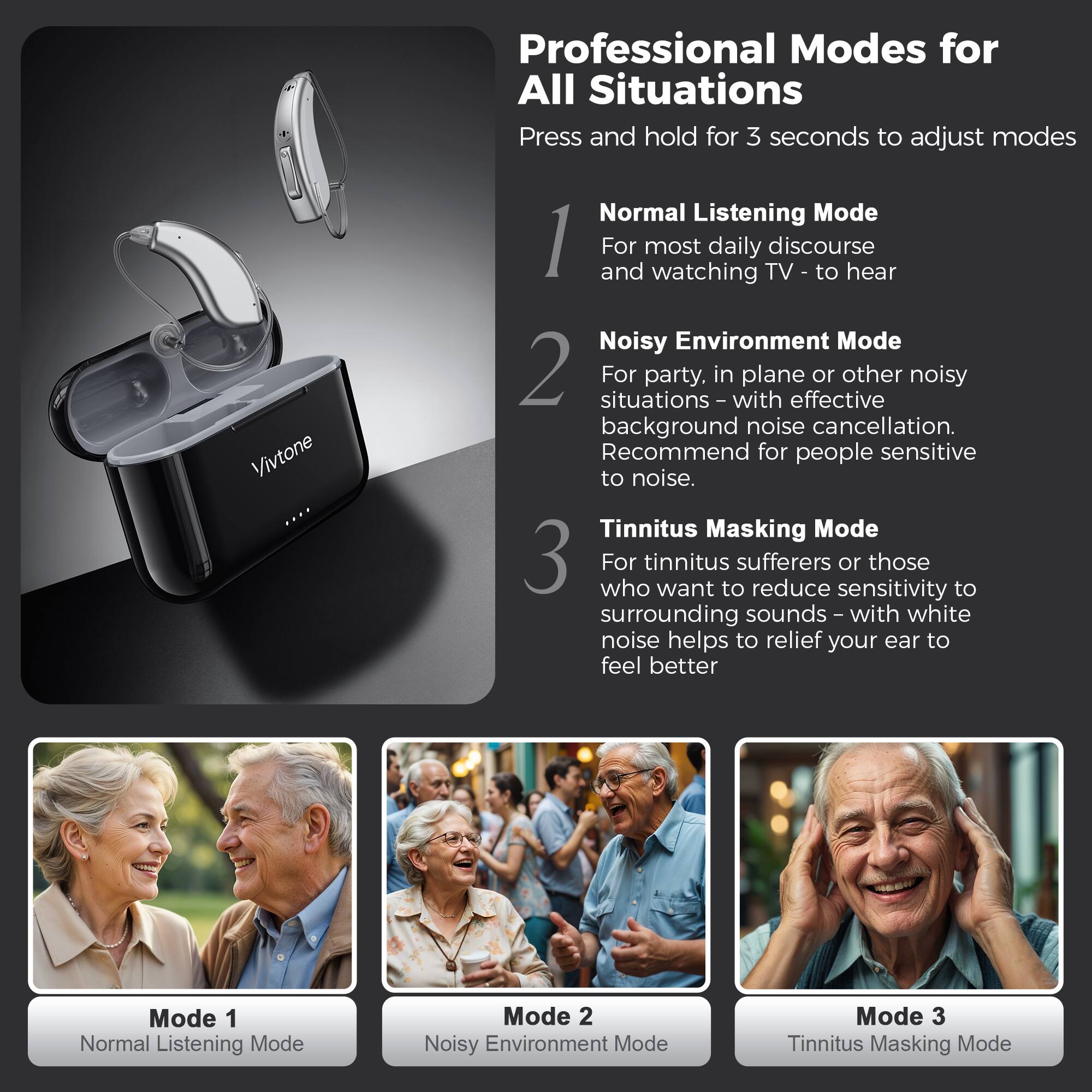 Professional Modes for All Situations
Press and hold for 3 seconds to adjust modes
Vivitone

Normal Listening Mode
1
For most daily discourse
and watching TV - to hear

Noisy Environment Mode
2
For party, in plane or other noisy
situations - with effective
background noise cancellation.
Recommend for people sensitive
to noise.

Tinnitus Masking Mode
3
For tinnitus sufferers or those
who want to reduce sensitivity to
surrounding sounds - with white
noise helps to relief your ear to
feel better

Mode 1
Normal Listening Mode
Mode 2
Noisy Environment Mode
Mode 3
Tinnitus Masking Mode