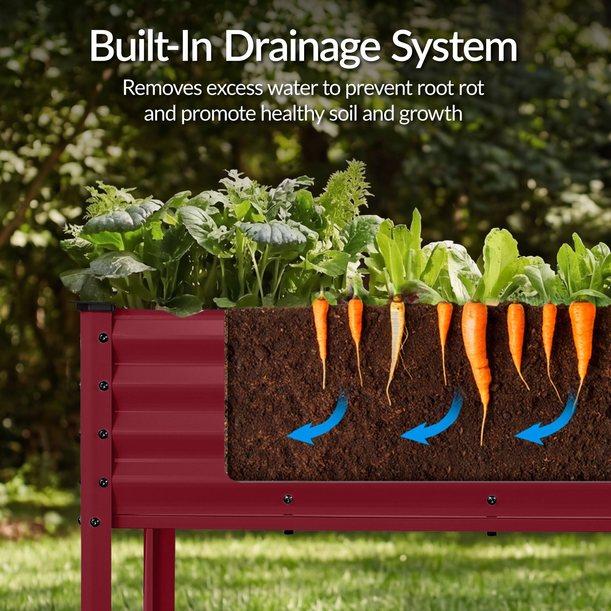 Built-In Drainage System  
Removes excess water to prevent root rot and promote healthy soil and growth