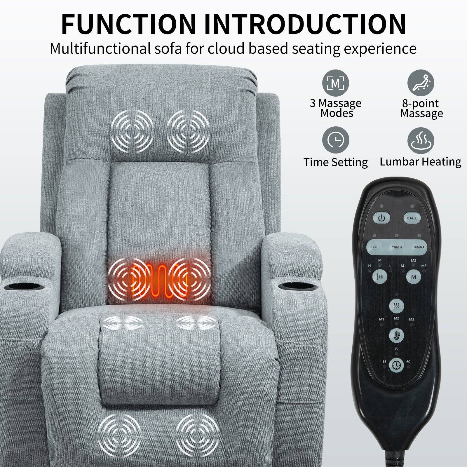 Function Introduction: Multifunctional sofa for cloud based seating experience. 3 Massage Modes, 8-point Massage Time Setting, Lumbar Heating.