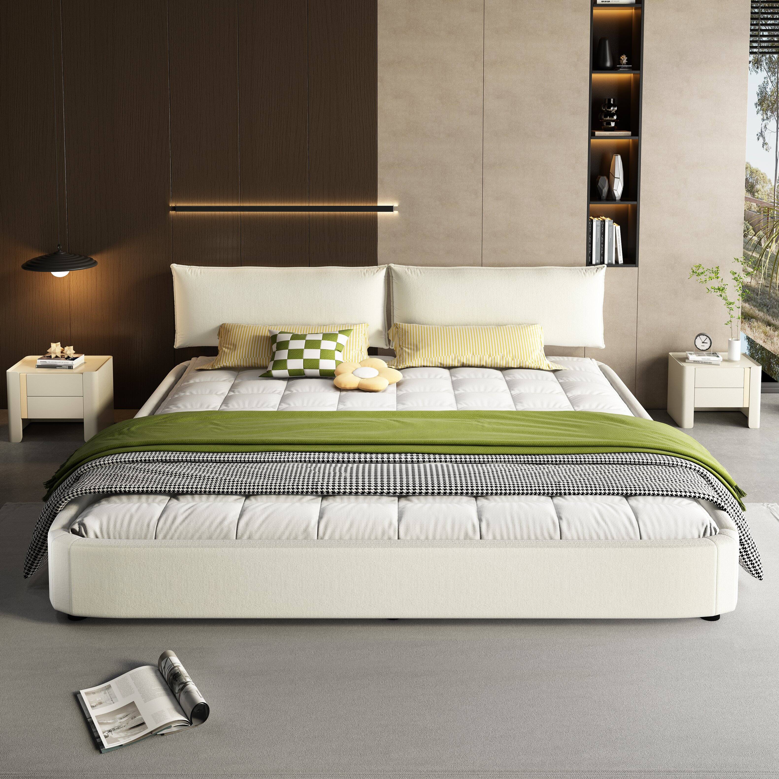 Alt View 2. LOVMOR - King Size Cloud Bed Frame with Oversized Padded Movable Headboard Chenille Upholstered Bed with Round CornerMetal Solid - White.