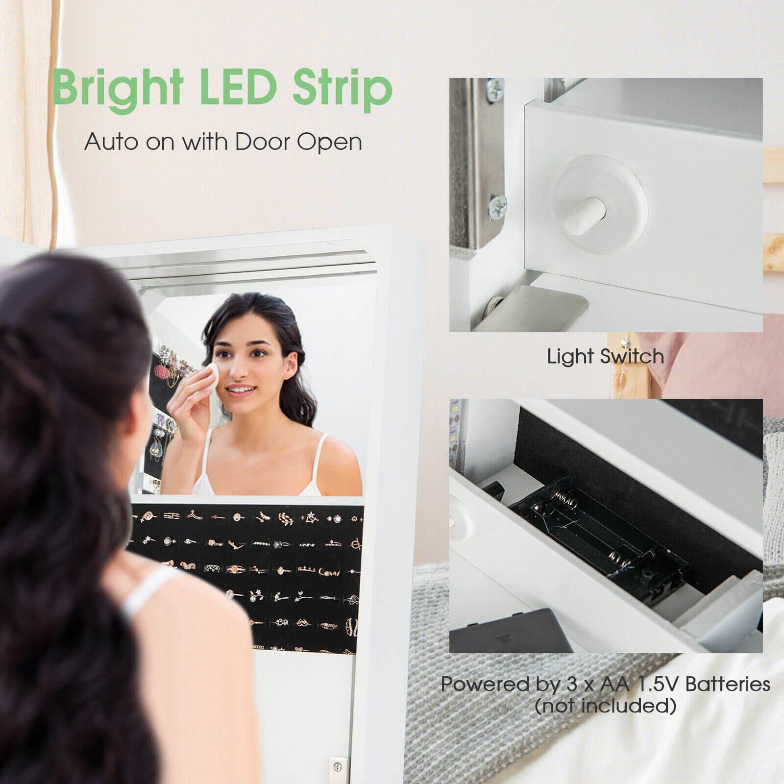 Bright LED Strip  
Auto on with Door Open  

Light Switch  

Powered by 3 x AA 1.5V Batteries (not included)