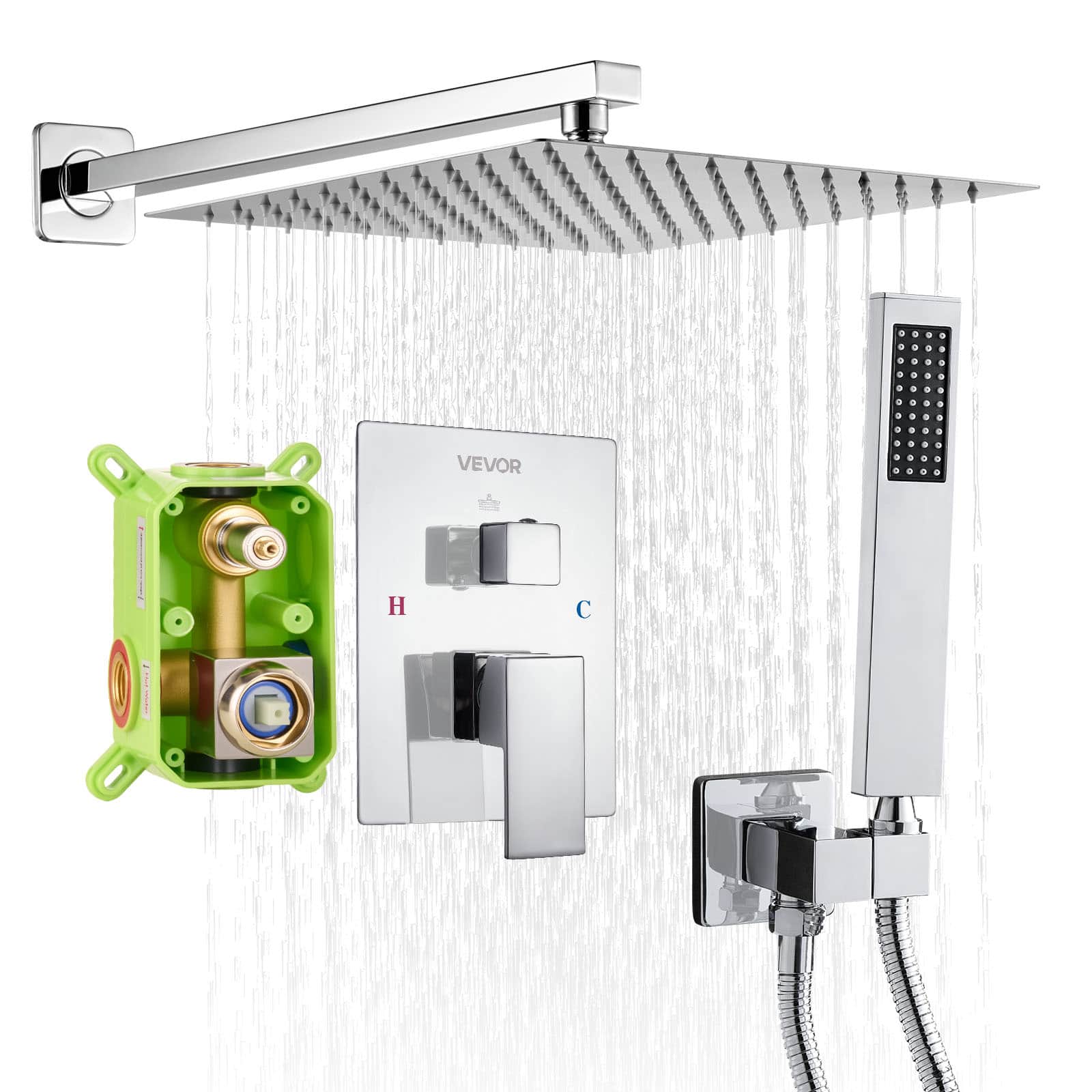 VEVOR - Shower Faucet Set, Rainfall Bathroom Shower System with 12-Inch Square Rain Shower Head and Handheld Spray - Chrome