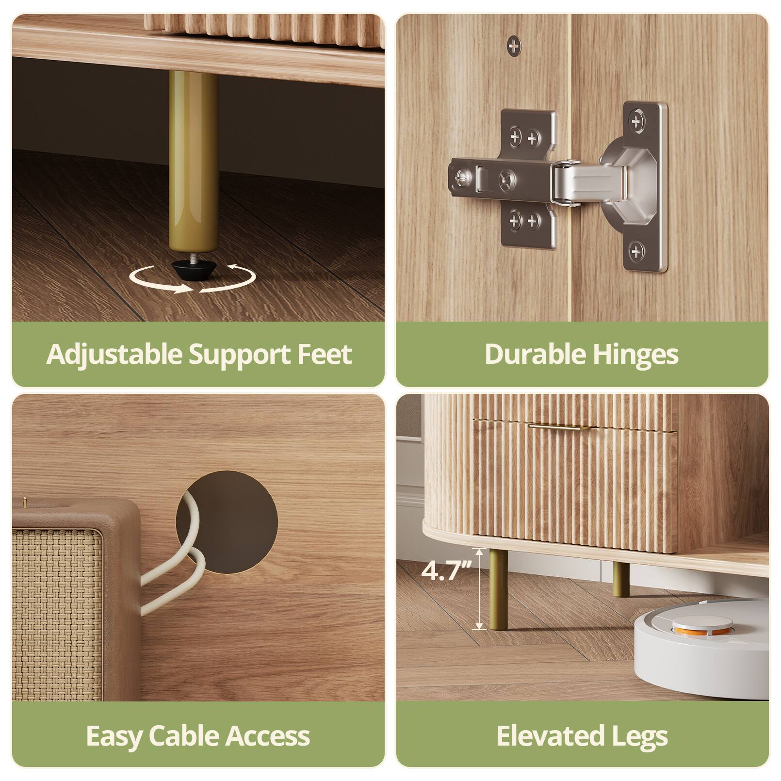 - Adjustable Support Feet
- Durable Hinges
- Easy Cable Access
- Elevated Legs (4.7")