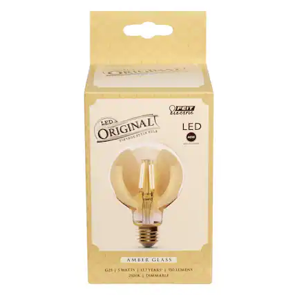ORIGINAL LED BULB
VINTAGE STYLE
FEIT Electric
LED
40W REPLACEMENT
AMBER GLASS
G25 | 5 WATTS | 13.7 YEARS | 350 LUMENS | 2100K | DIMMABLE