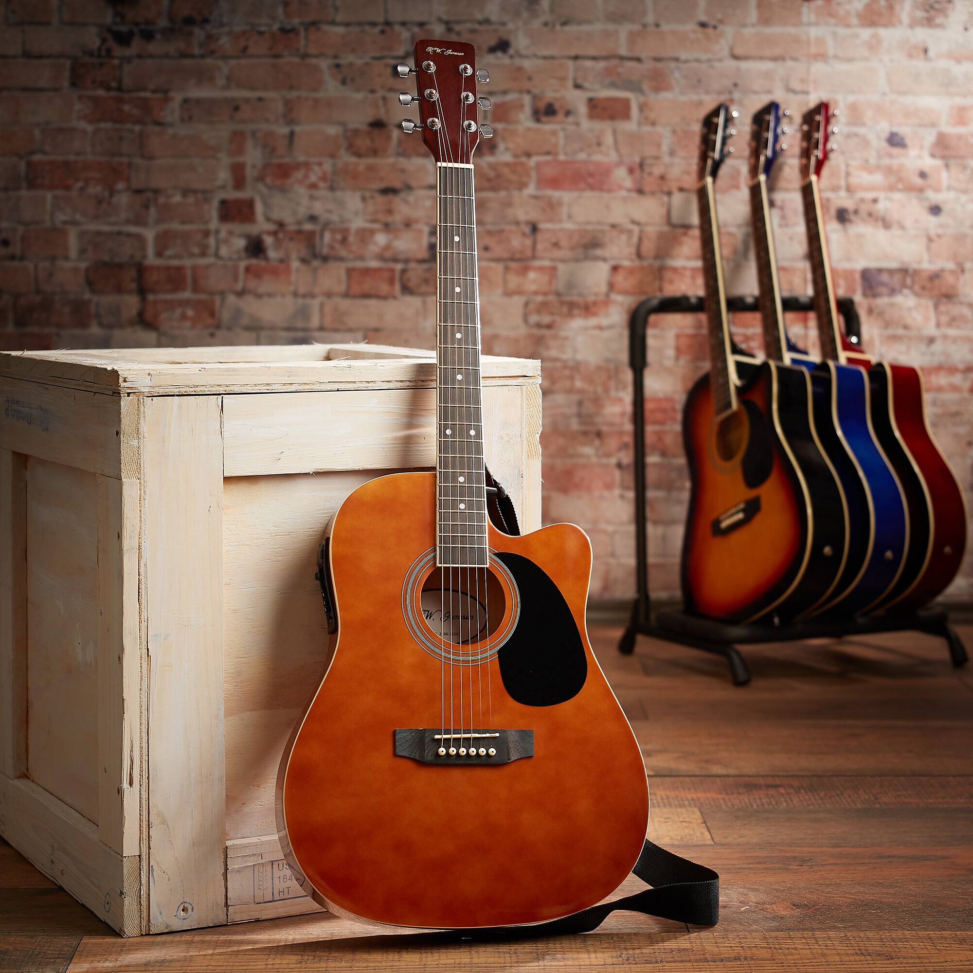 Alt View 6. Jameson Guitars - Thinline Cutaway Acoustic Electric Guitar with Gig Bag - Right Handed - Brown.