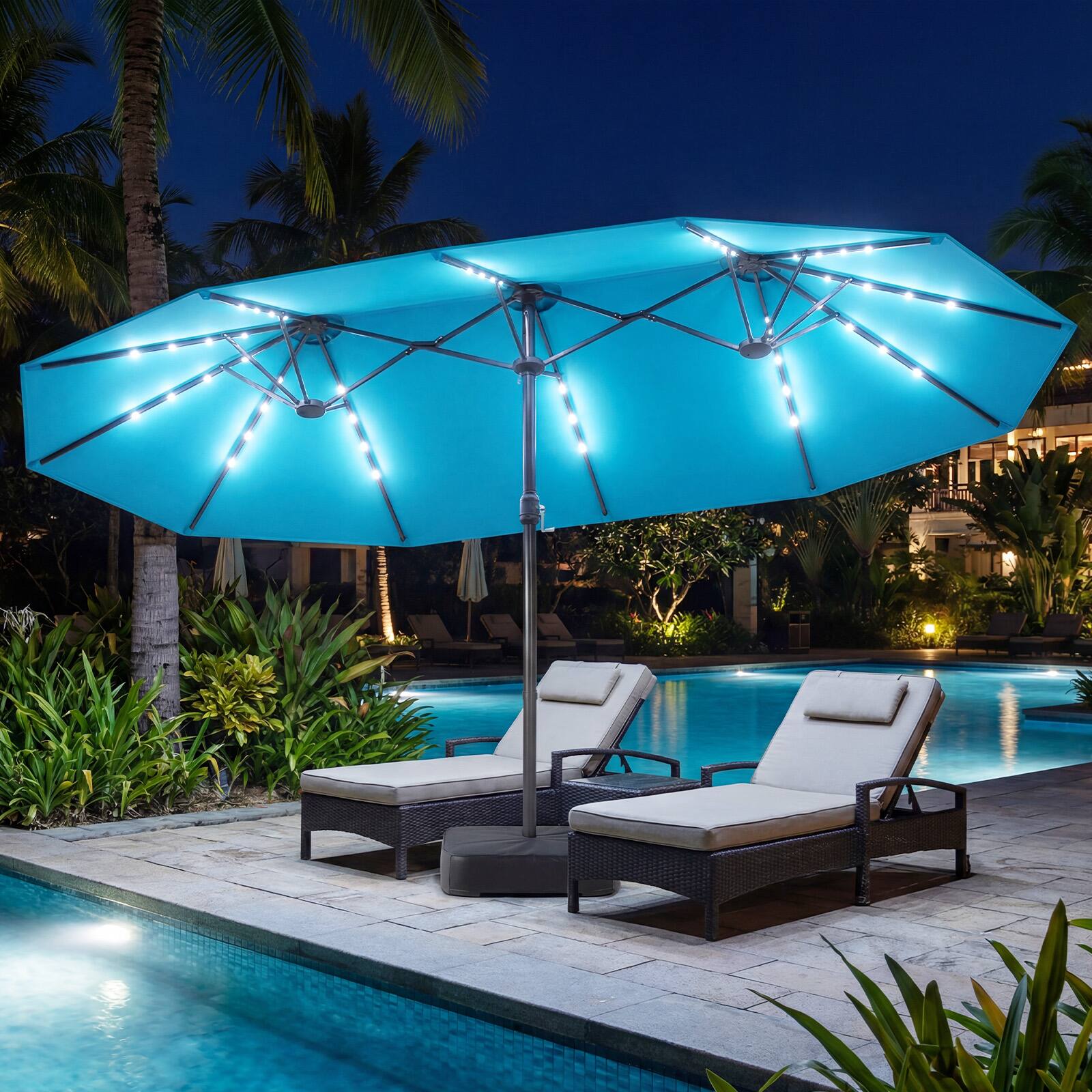 Alt View 1. Gymax - Gymax 15 FT Double-Sided Patio Umbrella w/48 Solar LED Lights Base Included for Pool Turquoise - Green.