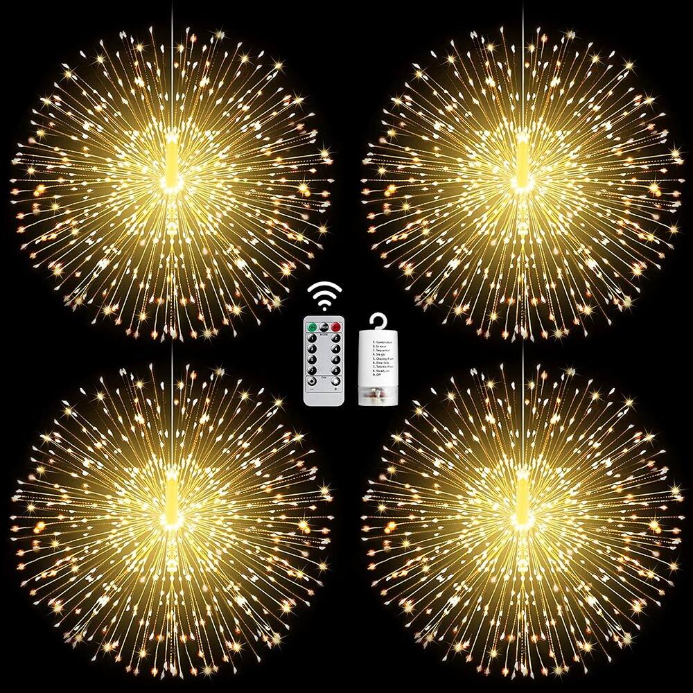 Front. Schertz - 4 Pack String Lights – 225 LED 8 Modes Dimmable with Remote Control | Waterproof Copper Wire Bursting Star Lights for Pa - Warm Light.