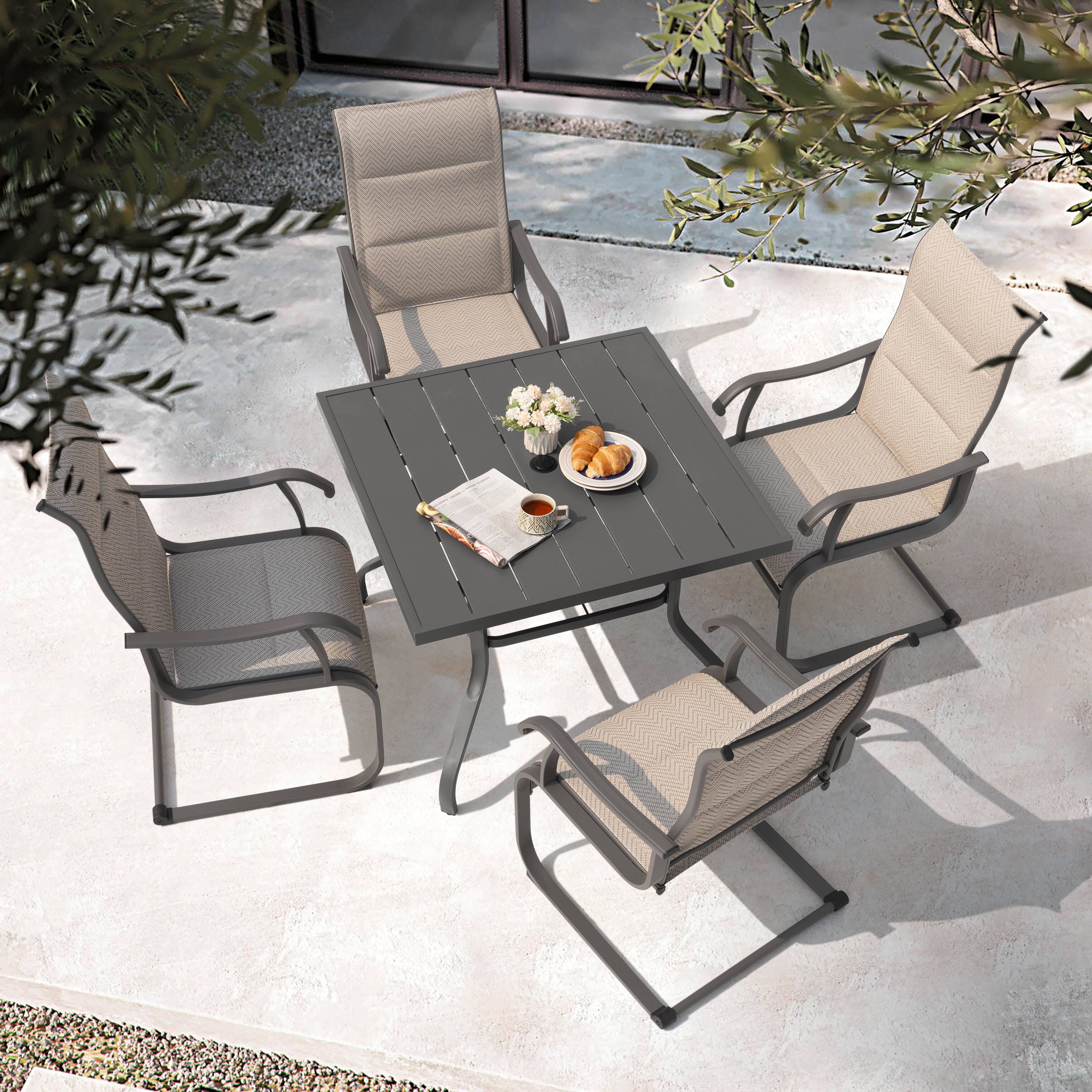 Left. Nuu Garden - Patio 5-Piece Dining Table Set with Umbrella Hole and Textilene Chairs - Beige and Gray.