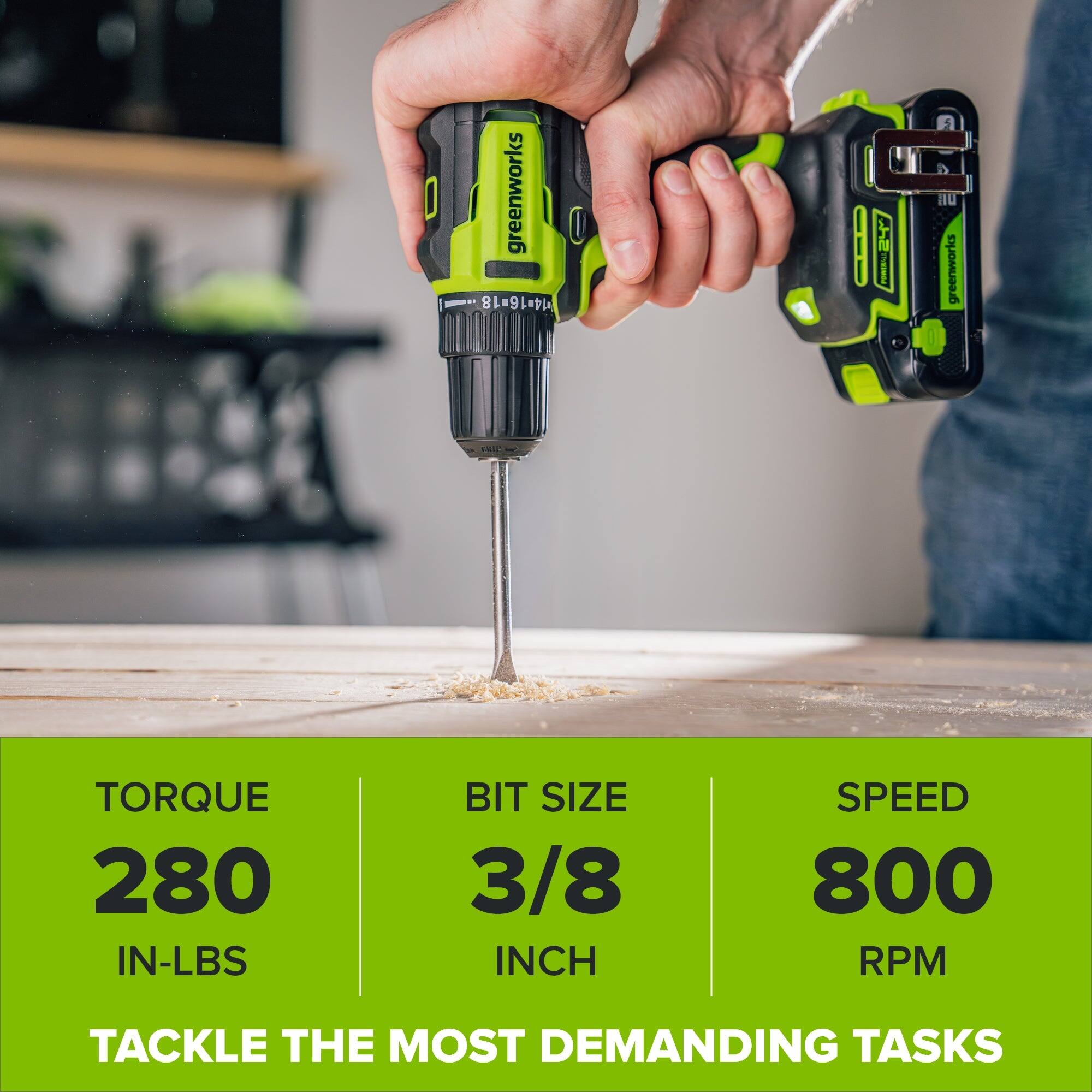 greenworks  
141616  
greenworks  
TORQUE 280 IN-LBS  
BIT SIZE 3/8 INCH  
SPEED 800 RPM  
TACKLE THE MOST DEMANDING TASKS