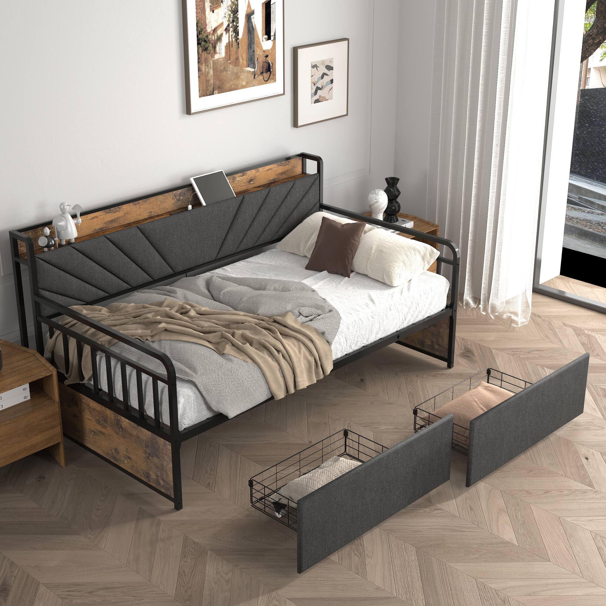 Alt View 5. GOODSILO - Modern Twin Daybed with Upholstered Headboard, Built-in Charging Station, Storage Drawers, and RGB LED Lighting - Black+Brown+Grey.