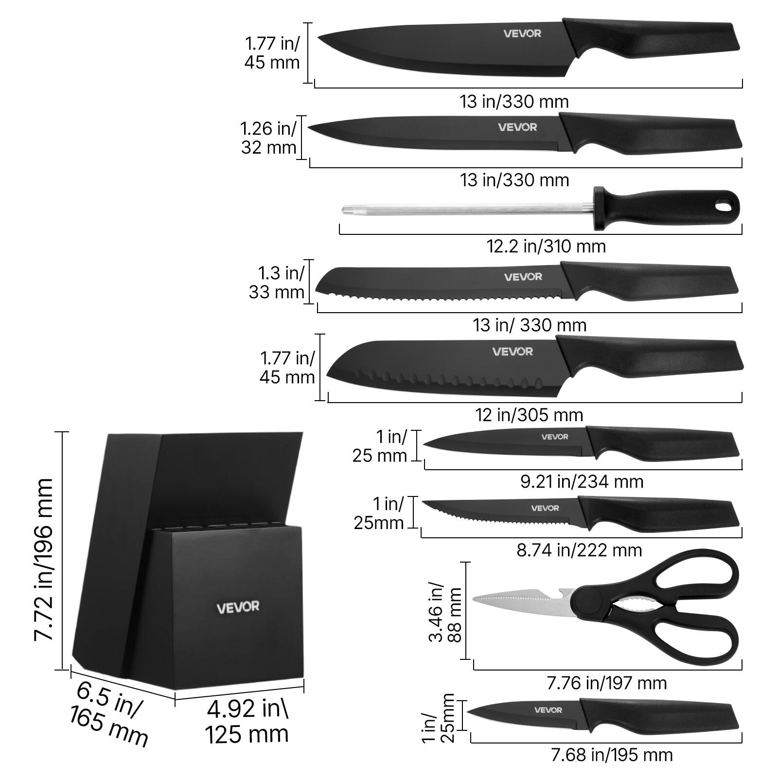 1.77 in/ 45 mm  
1.26 in/ 32 mm  
13 in/330 mm  
1.3 in/ 33 mm  
12.2 in/310 mm  
12 in/305 mm  
9.21 in/234 mm  
8.74 in/222 mm  
7.76 in/197 mm  
7.68 in/195 mm  

7.72 in/196 mm  
6.5 in/ 165 mm  
4.92 in/ 125 mm  
1 in/ 25 mm  
3.46 in/ 88 mm  

VEVOR