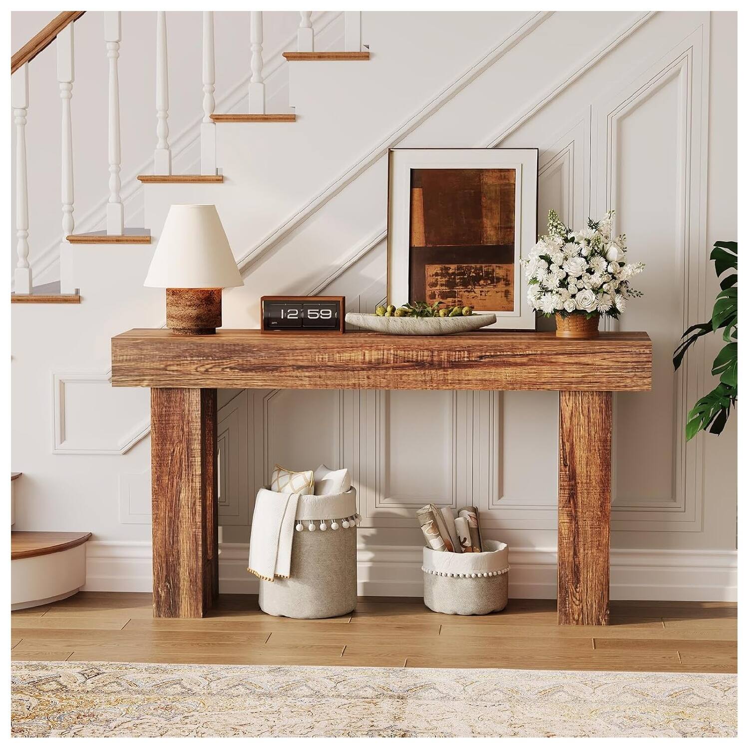 Qeetex - 63" Farmhouse Console Table for Entryway, Sofa Table Behind Couch, Wooden Hallway/Foyer Table - Brown