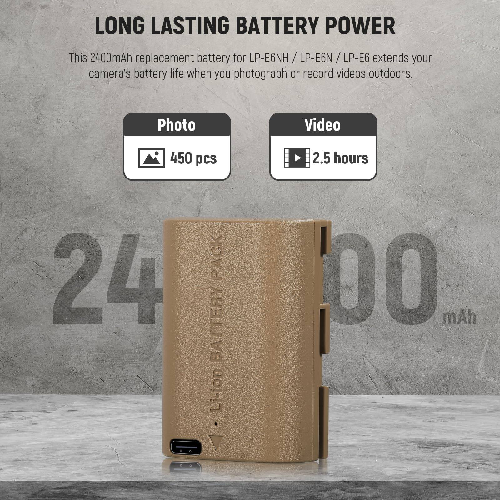 LONG LASTING BATTERY POWER

This 2400mAh replacement battery for LP-E6NH / LP-E6N / LP-E6 extends your camera's battery life when you photograph or record videos outdoors.

Photo: 450 pcs

Video: 2.5 hours

24 PACK

Li-ion BATTERY PACK

2400 mAh