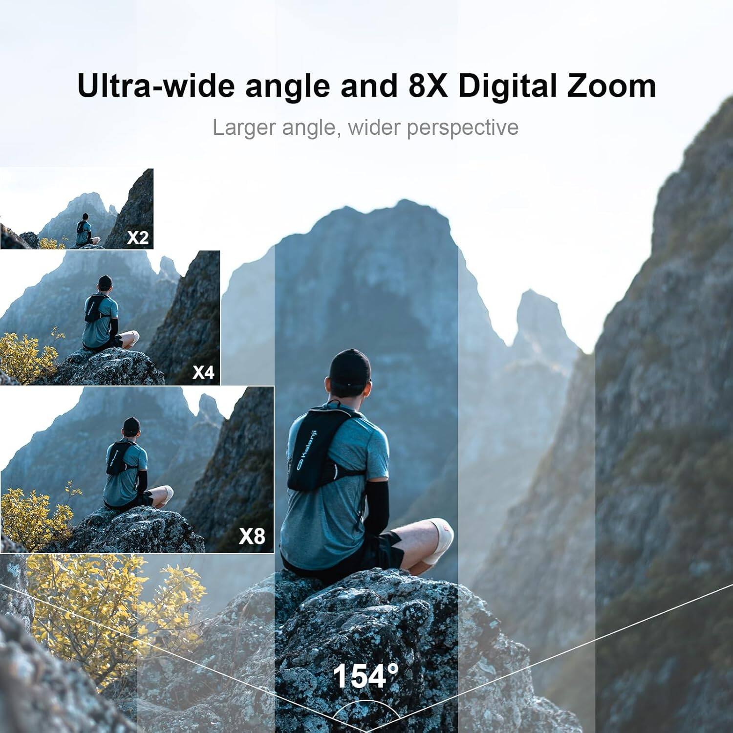 Ultra-wide angle and 8X Digital Zoom  
Larger angle, wider perspective  

X2  
X4  
X8  

154°
