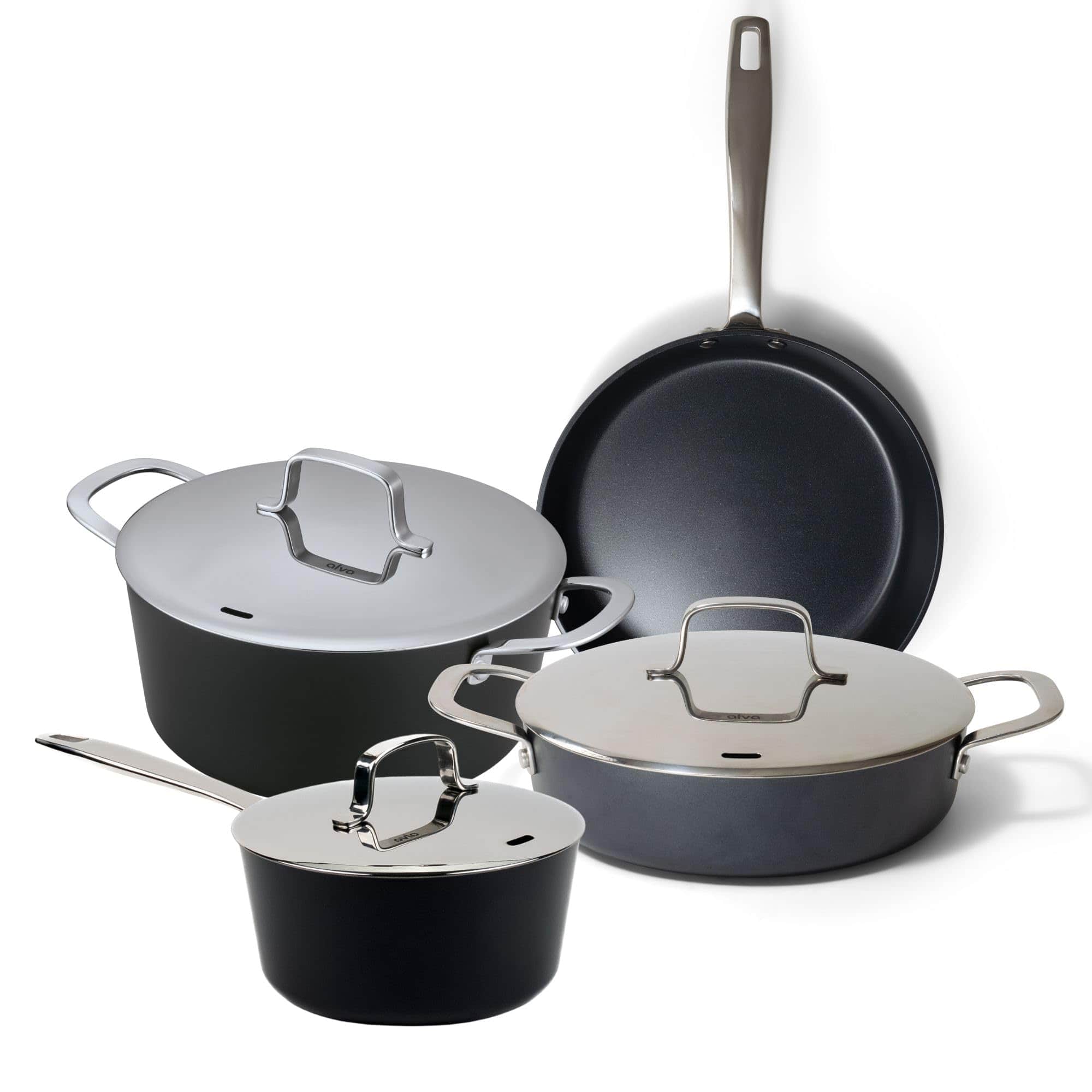 Front. Alva - Alva Maestro 7-Piece Ceramic Nonstick Cookware Set - Black.