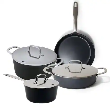 Front. Alva - Alva Maestro 7-Piece Ceramic Nonstick Cookware Set - Black.