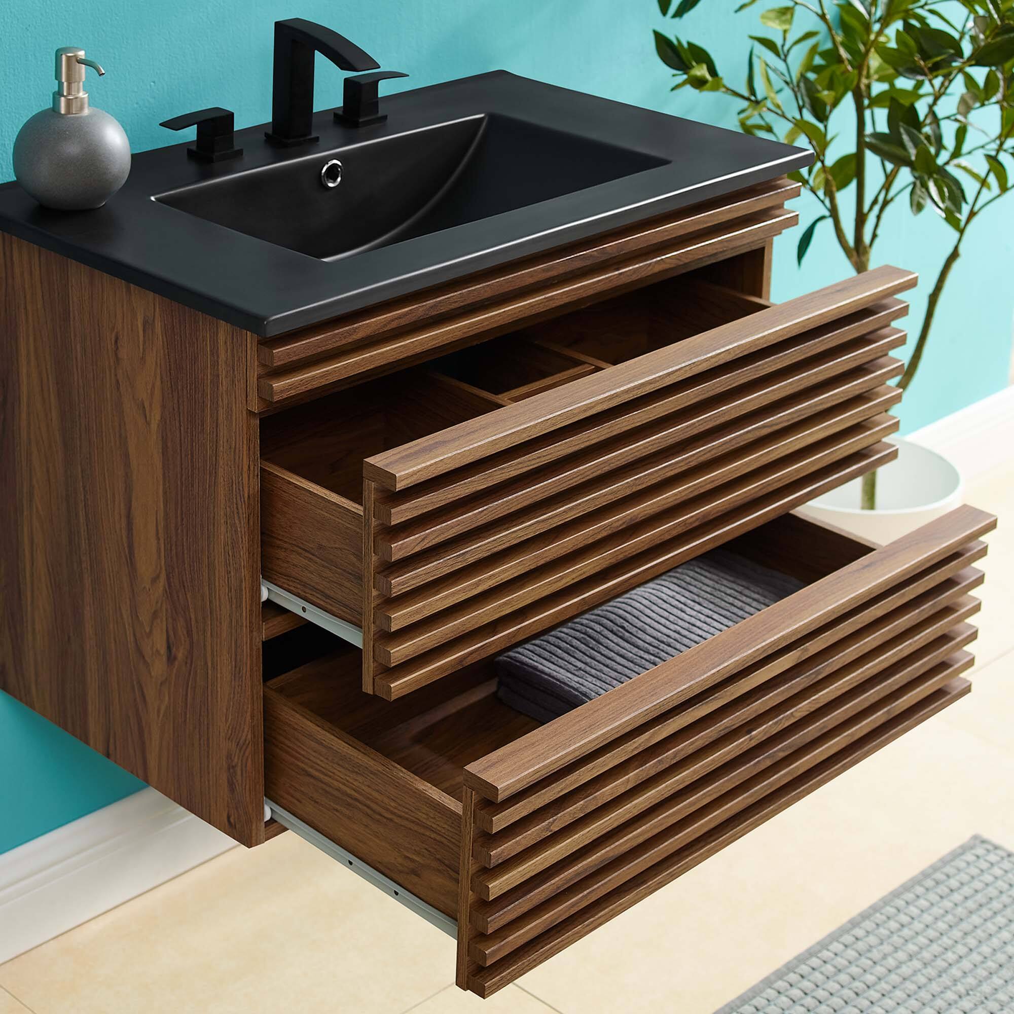 Left. Modway - Render Wall-Mount Bathroom Vanity with Black Basin Included - Walnut Black.