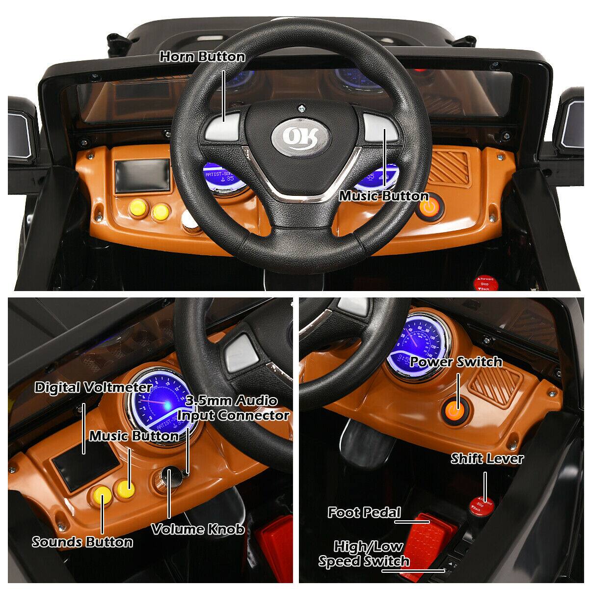 - Horn Button
- Music Button
- Digital Voltmeter
- 3.5mm Audio Input Connector
- Music Button
- Volume Knob
- Sounds Button
- Power Switch
- Shift Lever
- Foot Pedal
- High/Low Speed Switch