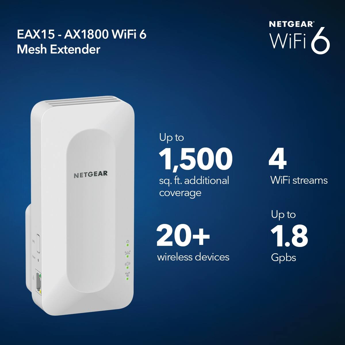 EAX15 - AX1800 WiFi 6 Mesh Extender NETGEAR WiFi 6 NETGEAR Up to 1,500 sq. ft. additional coverage 4 WiFi streams 3 10 20+ wireless devices Up to 1.8 Gbps