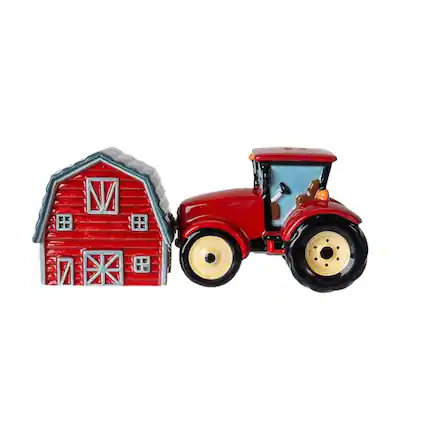 Front. Pacific Trading - Red Tractor and Barn Country Kitchen Ceramic Magnetic Salt and Pepper Shaker Set - Red.