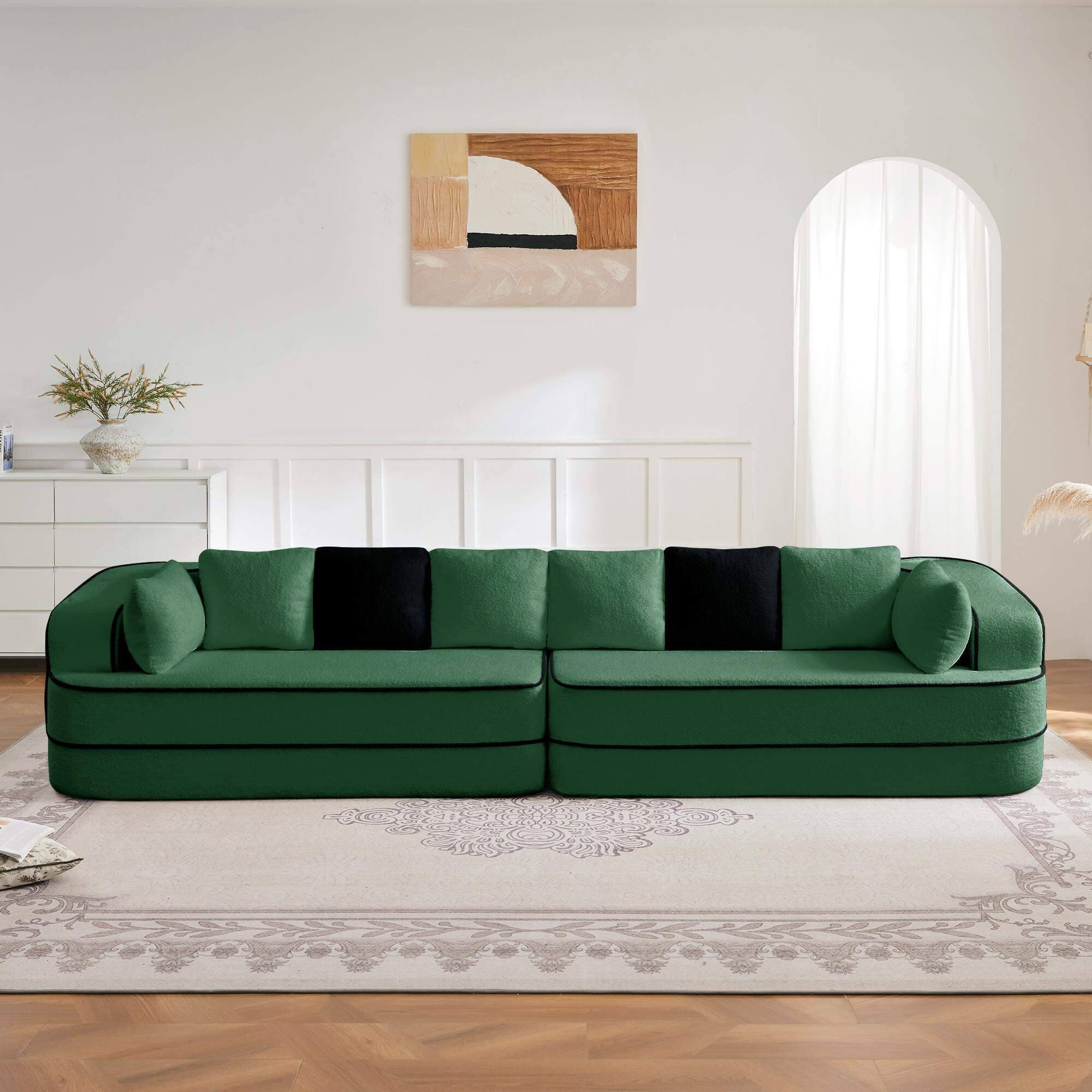 Angle. Roomtec - 135 inch 4Seat Teddy Fabric No Assembly 32D High Density sponge Boneless Sofa Fluffy Comfy CouchOversize sofaContrast - Green.