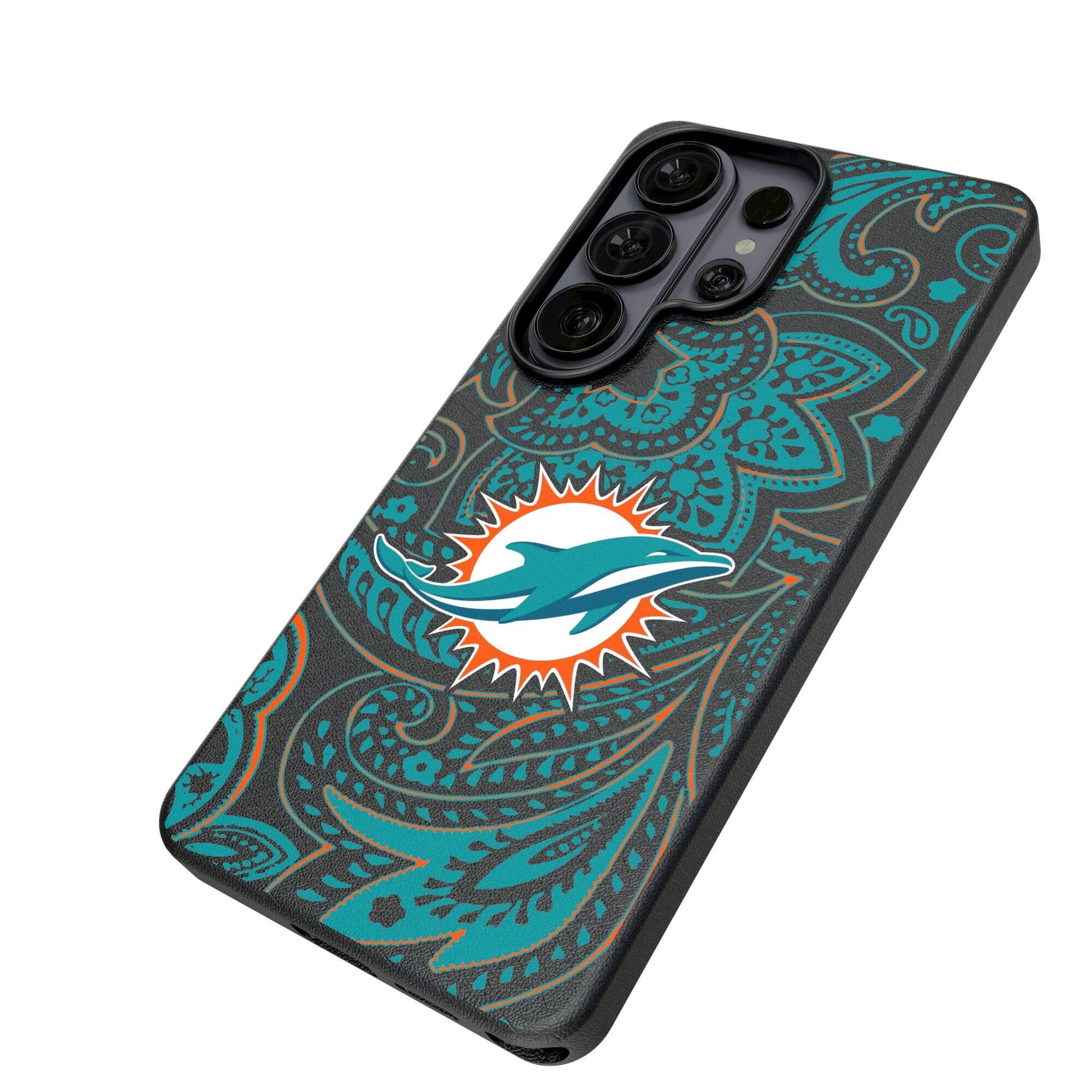 Alt View 1. Keyscaper - Miami Dolphins Paisley Galaxy Magnetic Bump Case - S24 - Black.