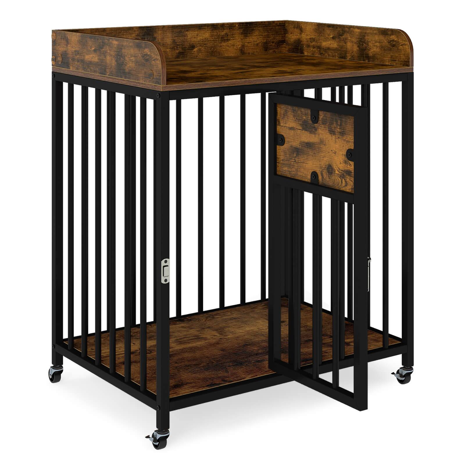 Alt View 9. Costway - Costway Dog Crate Furniture with Wheels, Metal Frame, Lockable Casters, Wide Tabletop - Rustic Brown+Black.