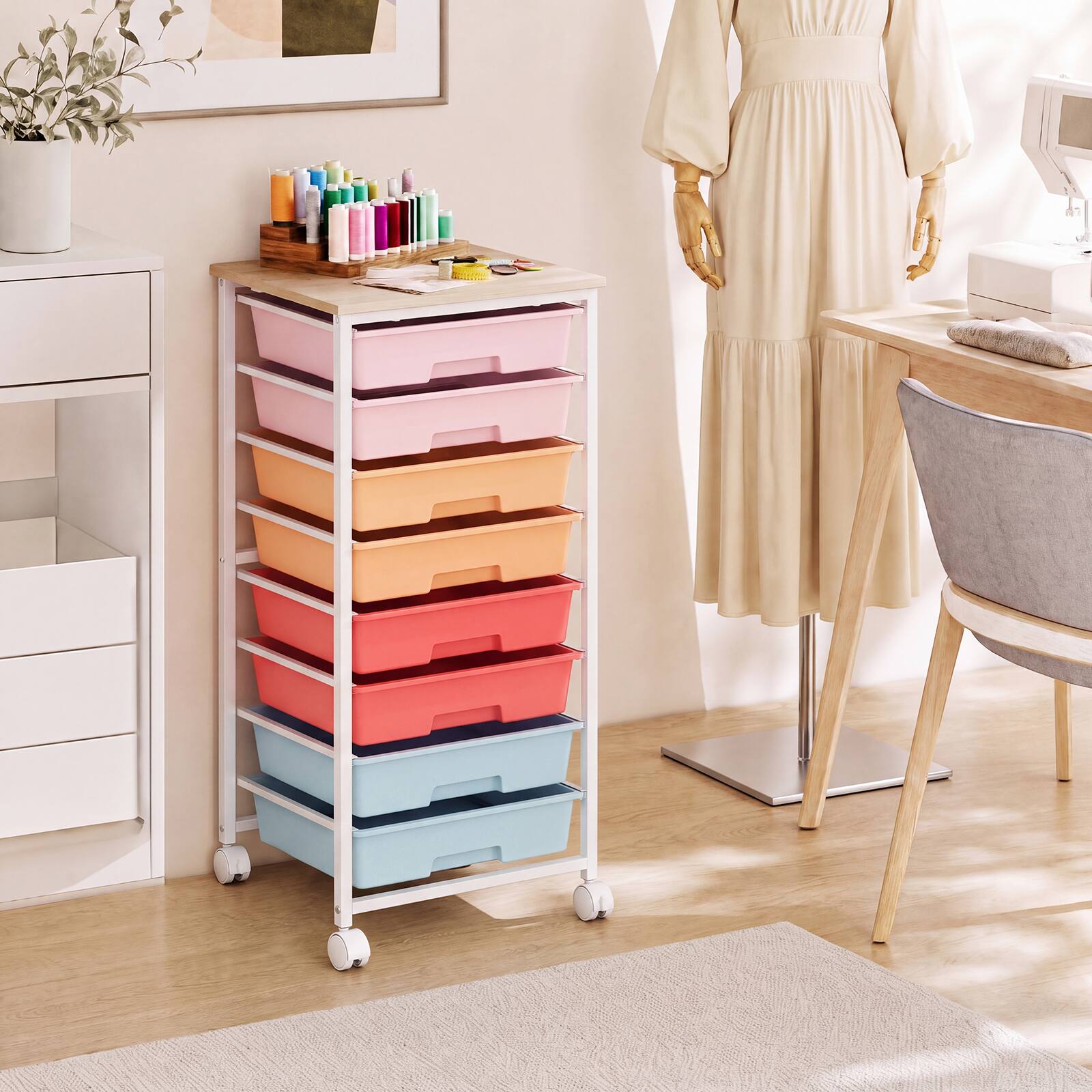 Alt View 1. Costway - Costway 8-Drawer Art & Craft Storage Cart, Storage Cart with 4 Universal Wheels, Metal Frame for Home 15"L - 15"L Macaron.