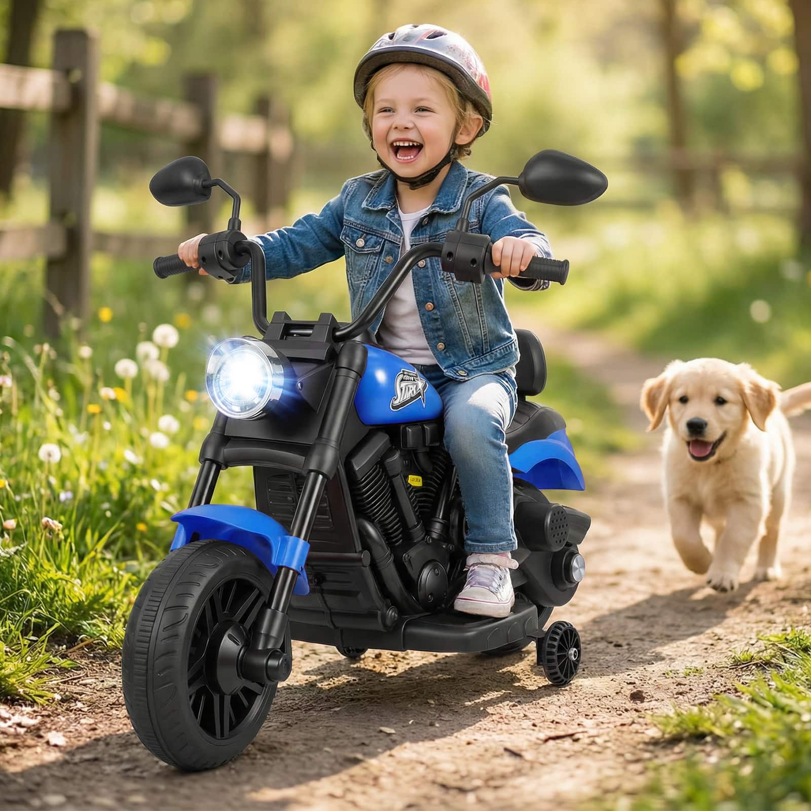 Gymax - Kids Motorcycle w/Headlight Music Training Wheels Foot Pedal for Boys Girls Navy - Blue