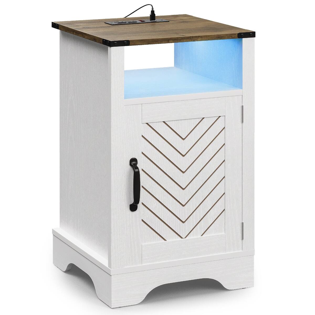Alt View 8. Loheer - Loheer LED Nightstand with Charging Station, Farmhouse Wooden Bedside Table, White and Rustic Oak - Rustic White.