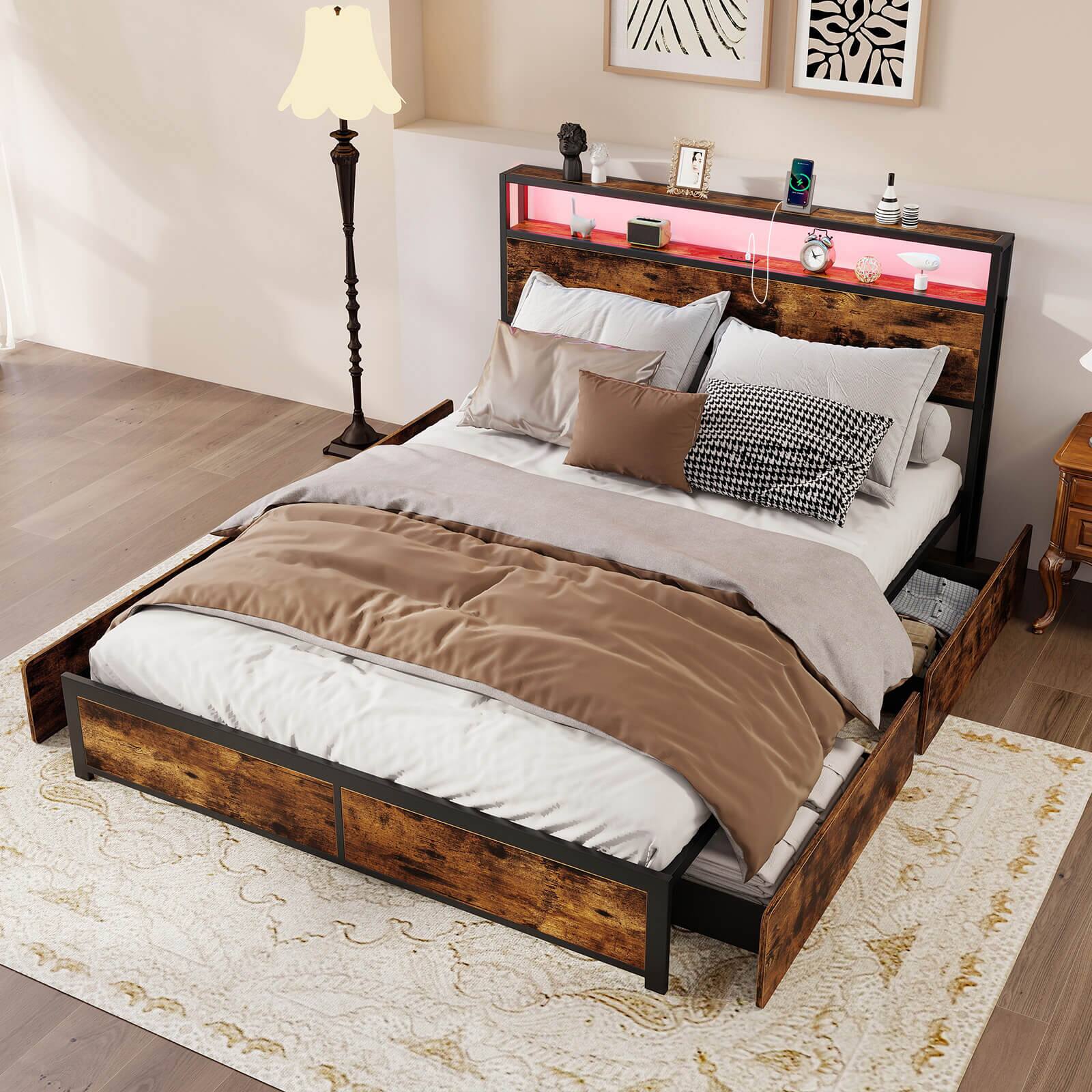 Alt View 4. Costway - Costway Queen Size LED Bed Frame w/2-Tier Storage Headboard & 4 Drawers Charging Station - Rustic Brown,Black.