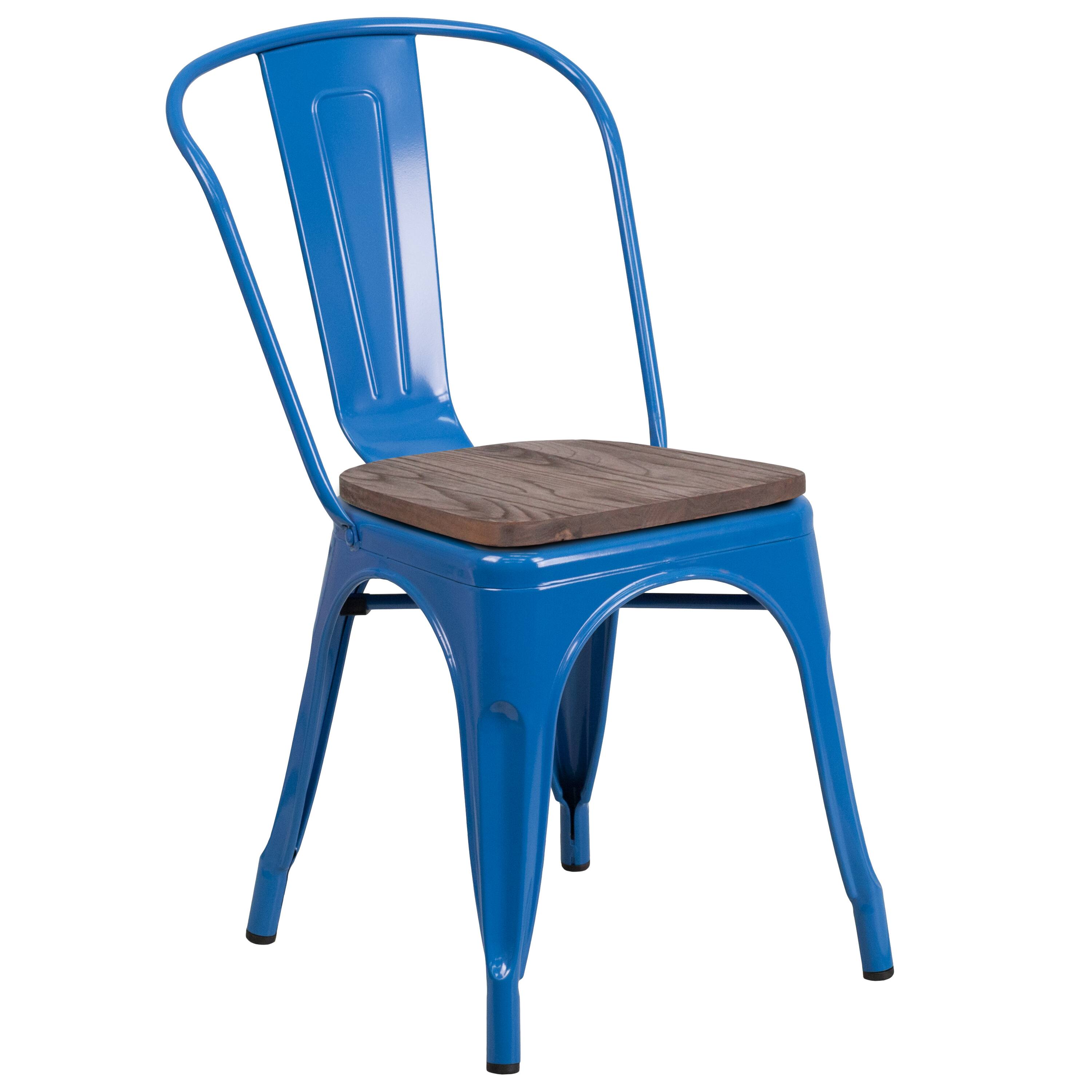 Alt View 1. Emma + Oliver - Colorful Metal Stackable Dining Chair with Wood Seat - Blue.