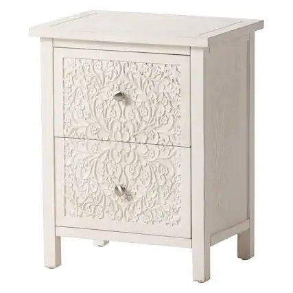 Front. COZAYH - COZAYH Farmhouse 2 Drawer Home Bedroom Nightstand w/Embossed Flower Motif, White - White.