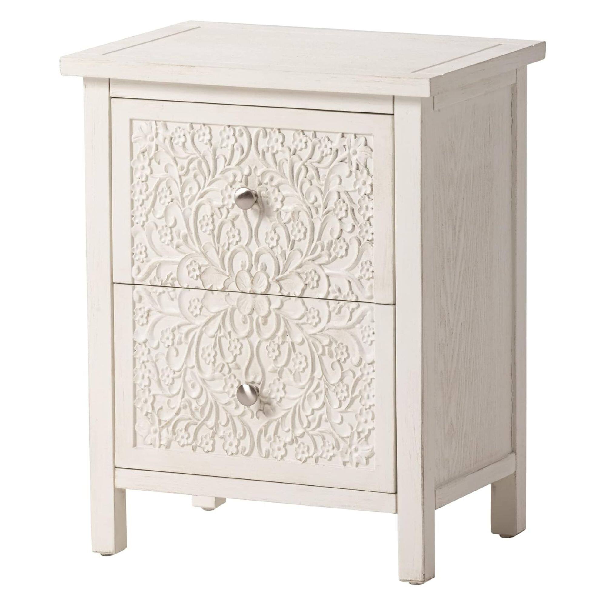 Front. COZAYH - COZAYH Farmhouse 2 Drawer Home Bedroom Nightstand w/Embossed Flower Motif, White - White.